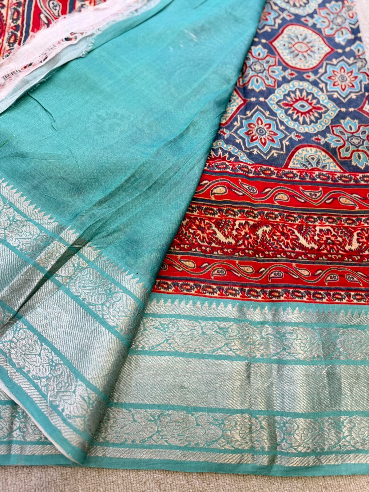 FLORAL MANGALAGIRI PRINTED BLUE  RED SAREE