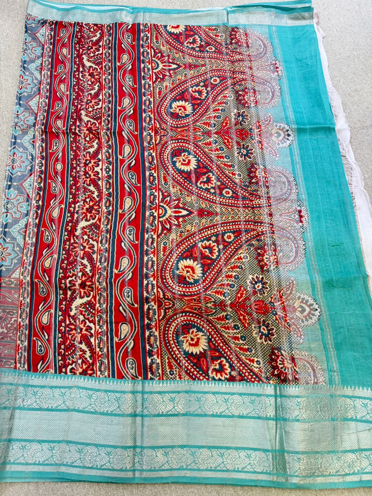 FLORAL MANGALAGIRI PRINTED BLUE  RED SAREE