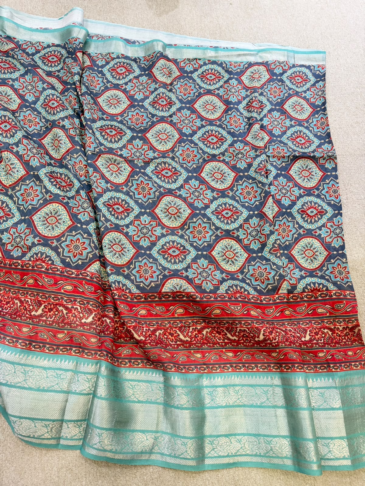 FLORAL MANGALAGIRI PRINTED BLUE  RED SAREE