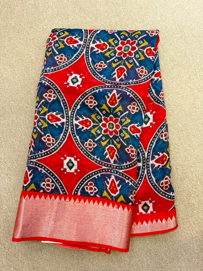 FLORAL MANGALAGIRI PRINTED BLUE  RED SAREE
