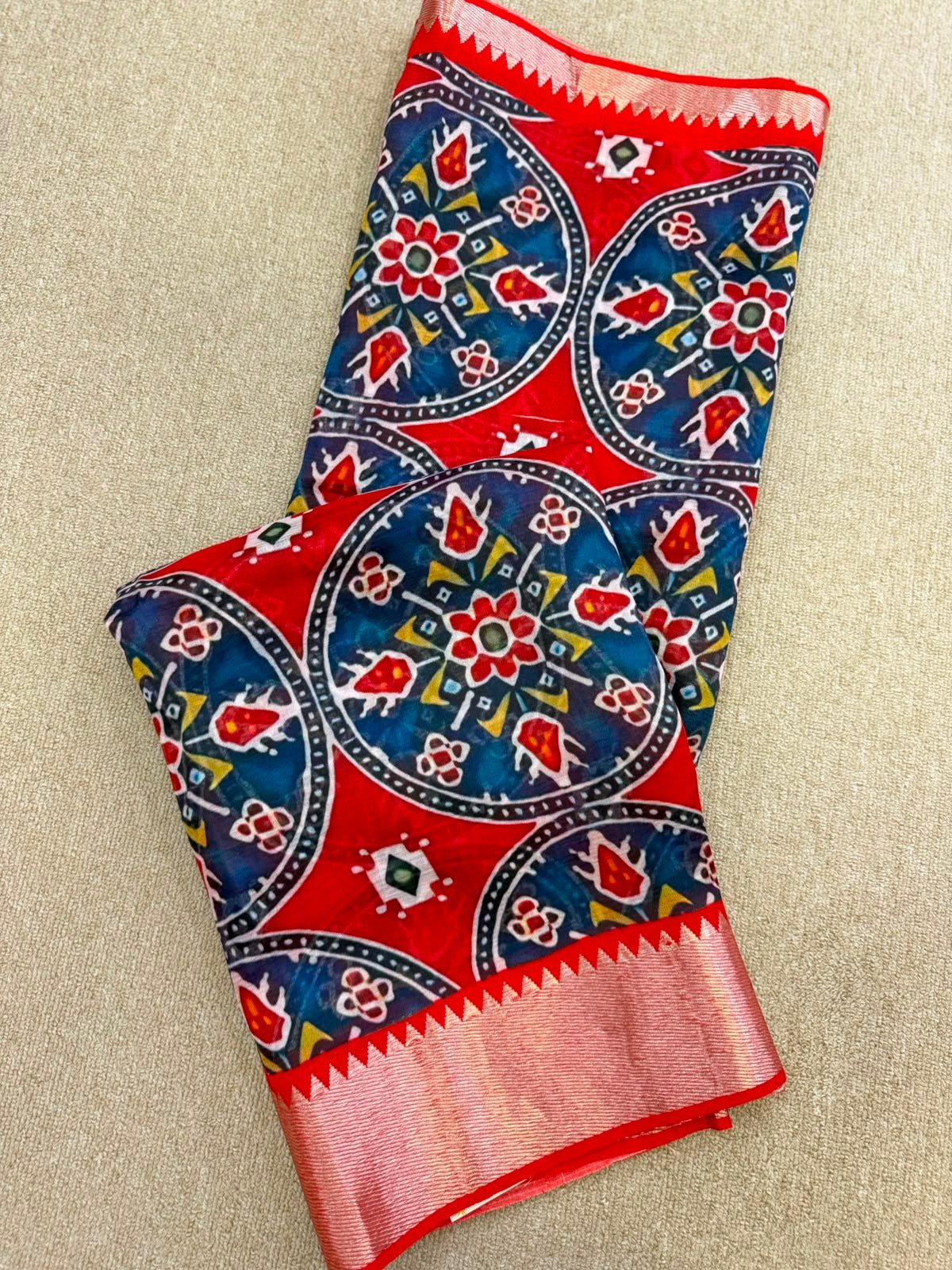 FLORAL MANGALAGIRI PRINTED BLUE  RED SAREE