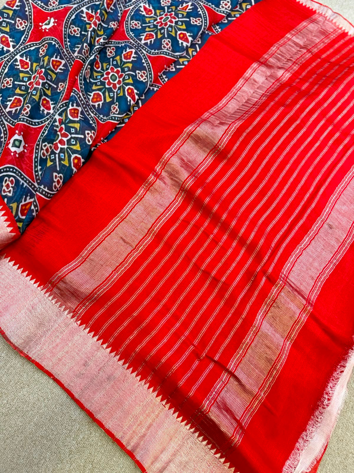 FLORAL MANGALAGIRI PRINTED BLUE  RED SAREE