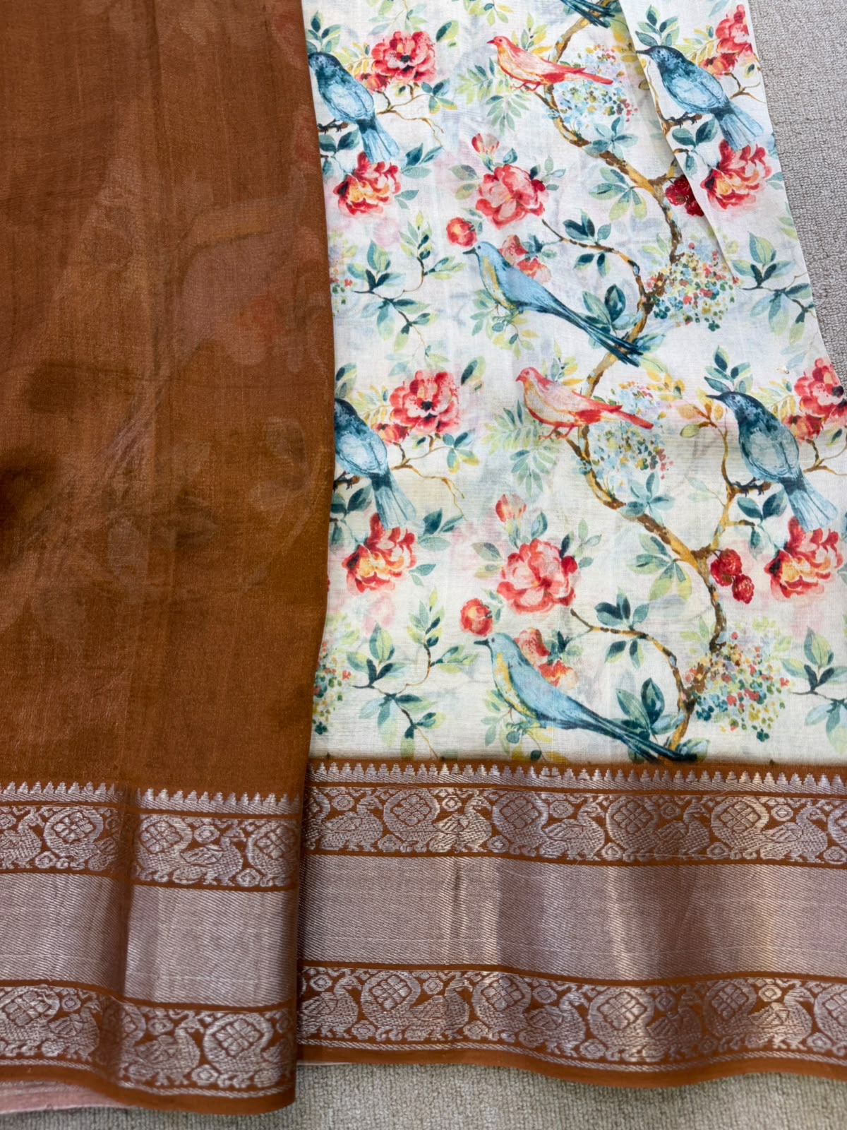 FLORAL MANGALAGIRI PRINTED CREAM BROWN SAREE