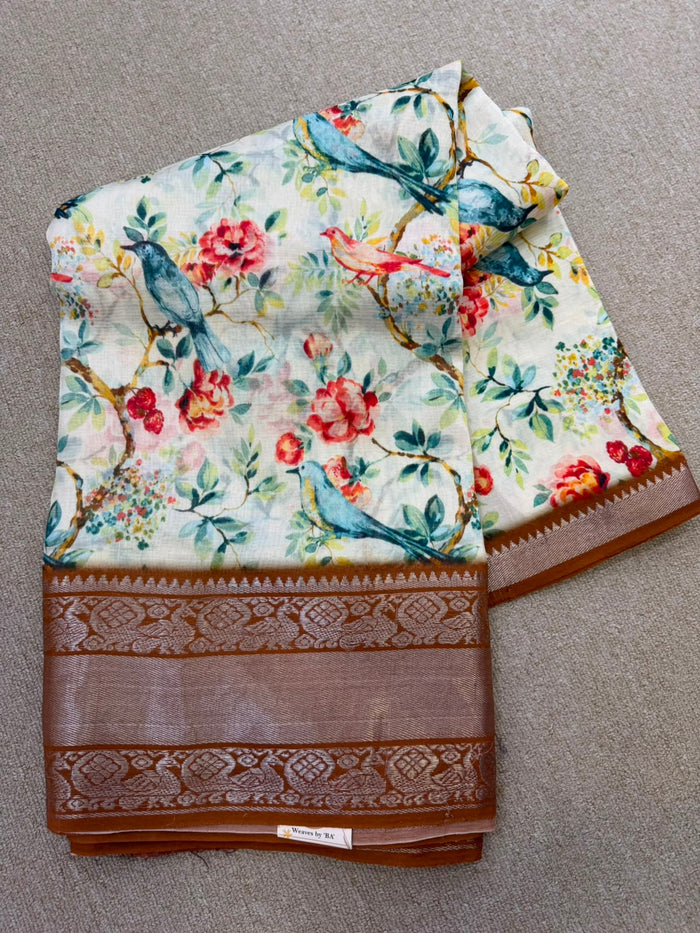 FLORAL MANGALAGIRI PRINTED CREAM BROWN SAREE