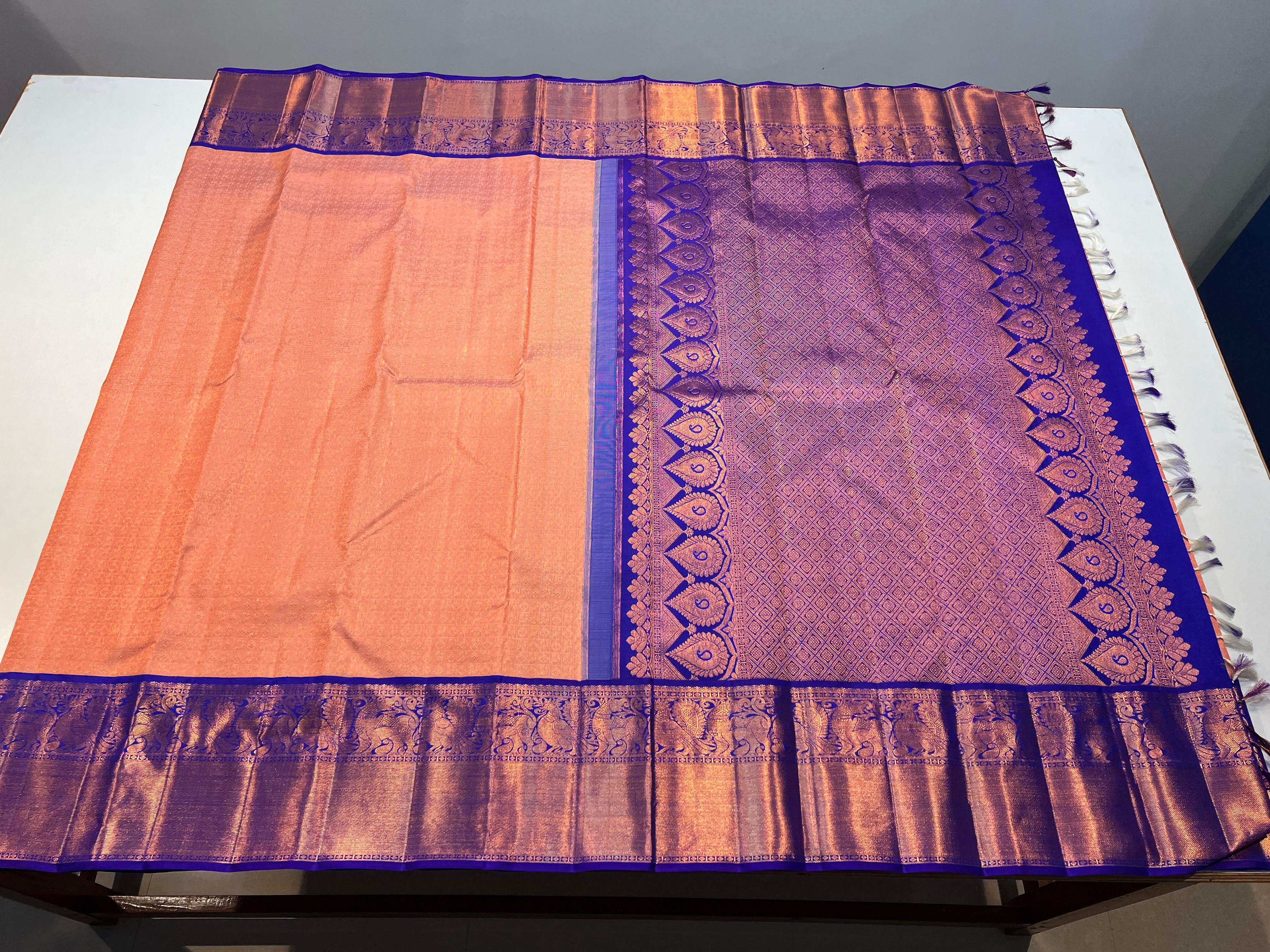 PEACH ORANGE COLOUR & VIOLET BLUE BORDER KACHIPURAM SILK SAREE