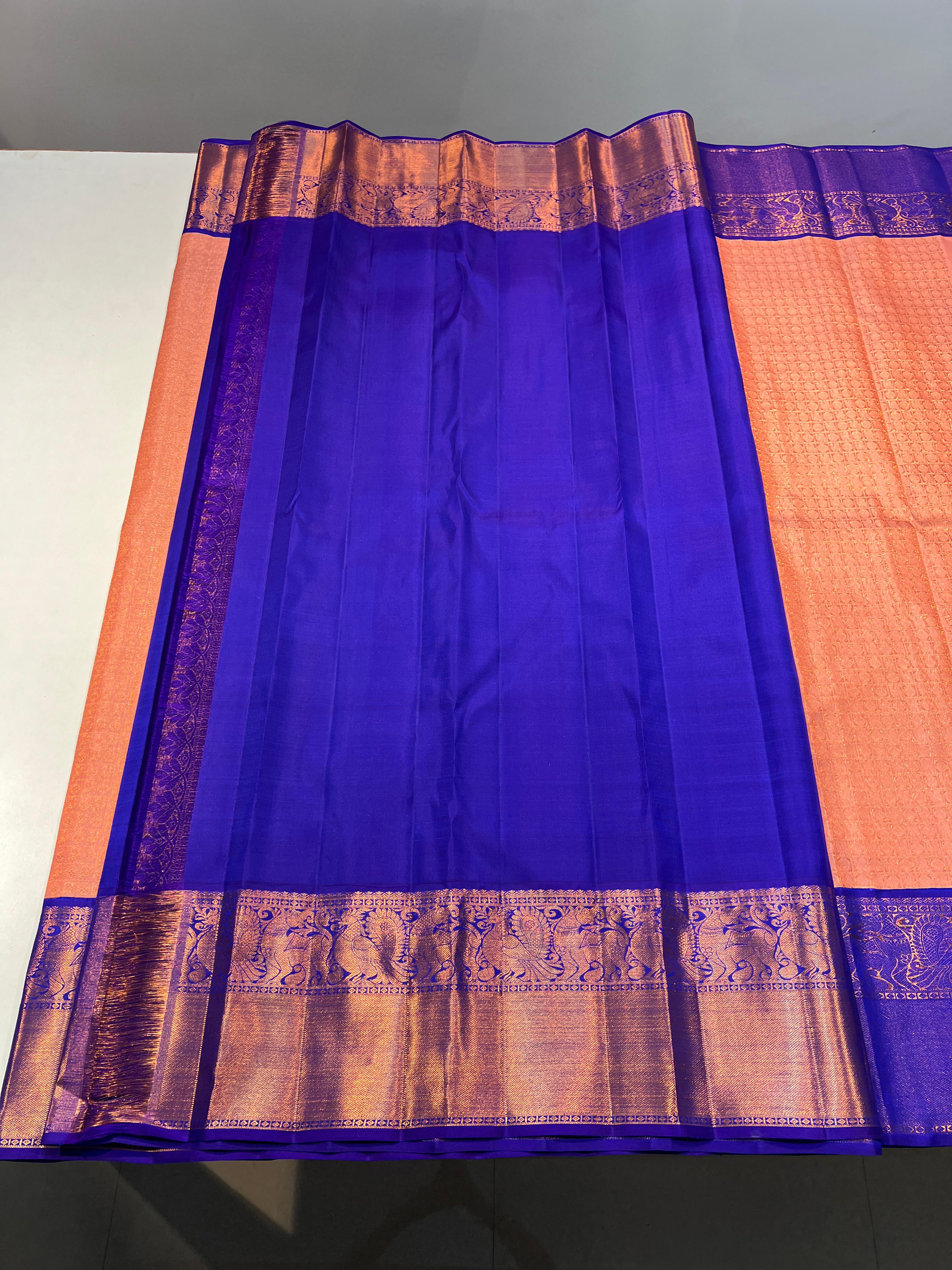 PEACH ORANGE COLOUR & VIOLET BLUE BORDER KACHIPURAM SILK SAREE