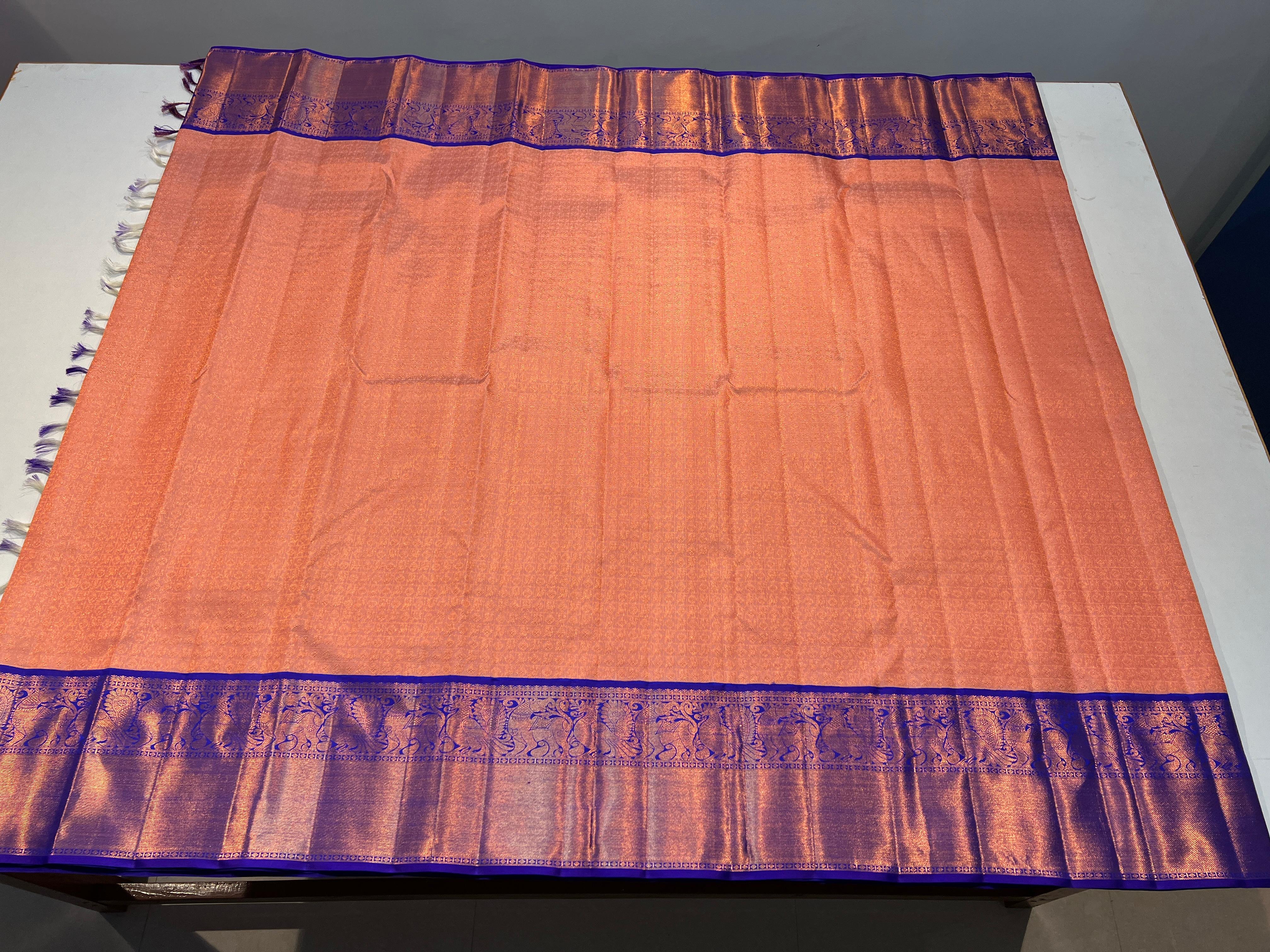 PEACH ORANGE COLOUR & VIOLET BLUE BORDER KACHIPURAM SILK SAREE