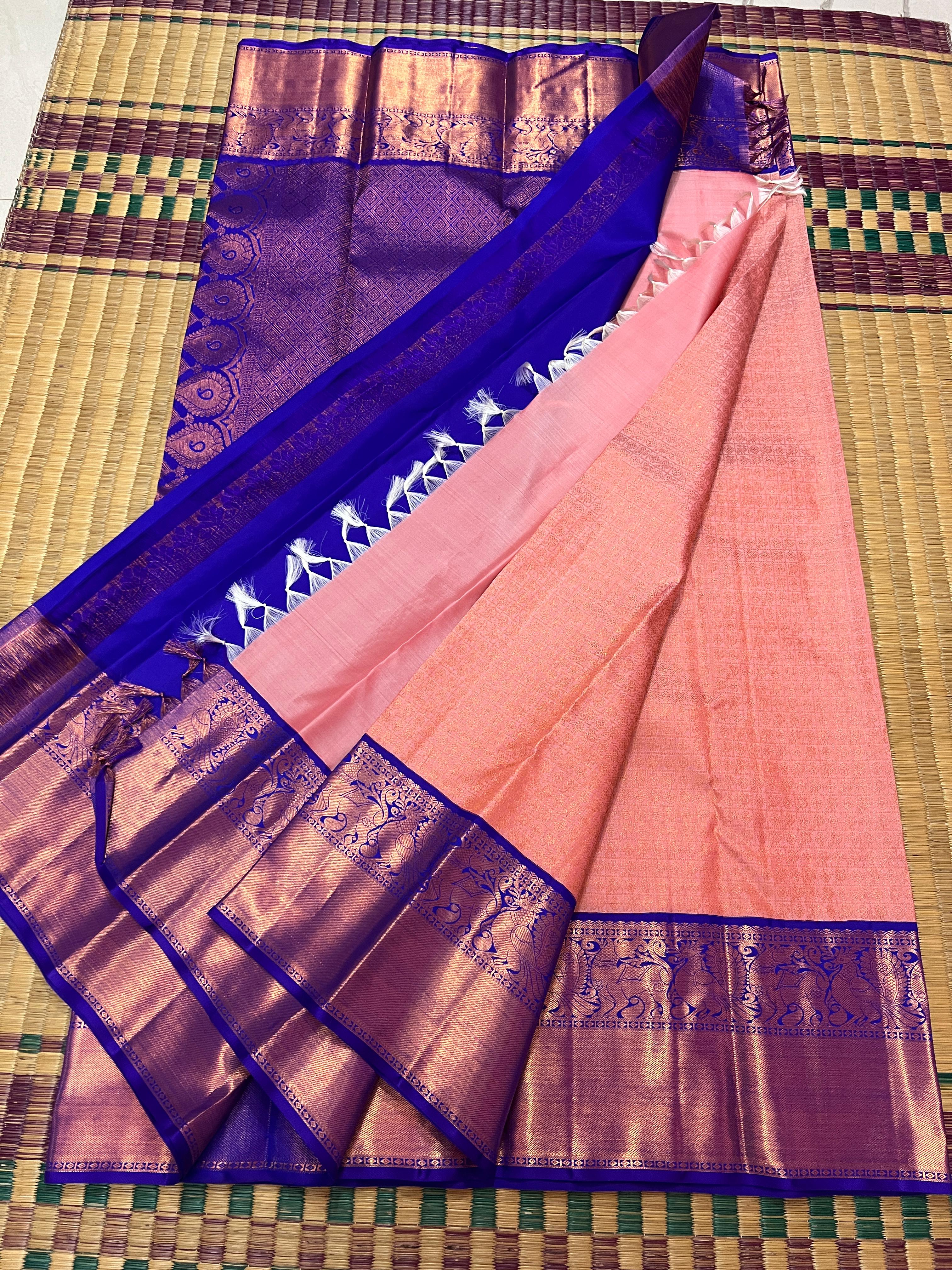 PEACH ORANGE COLOUR & VIOLET BLUE BORDER KACHIPURAM SILK SAREE