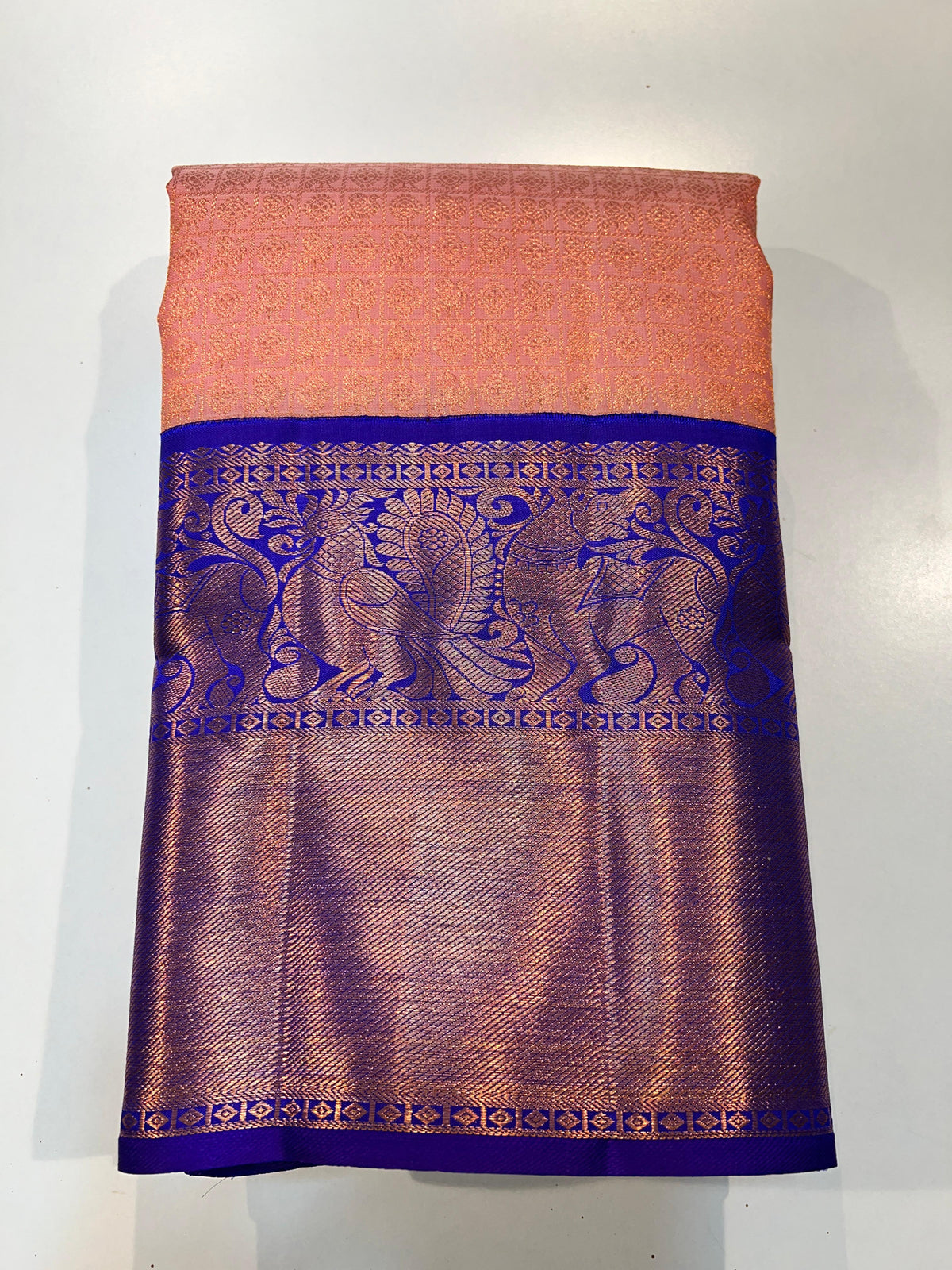 PEACH ORANGE COLOUR & VIOLET BLUE BORDER KACHIPURAM SILK SAREE