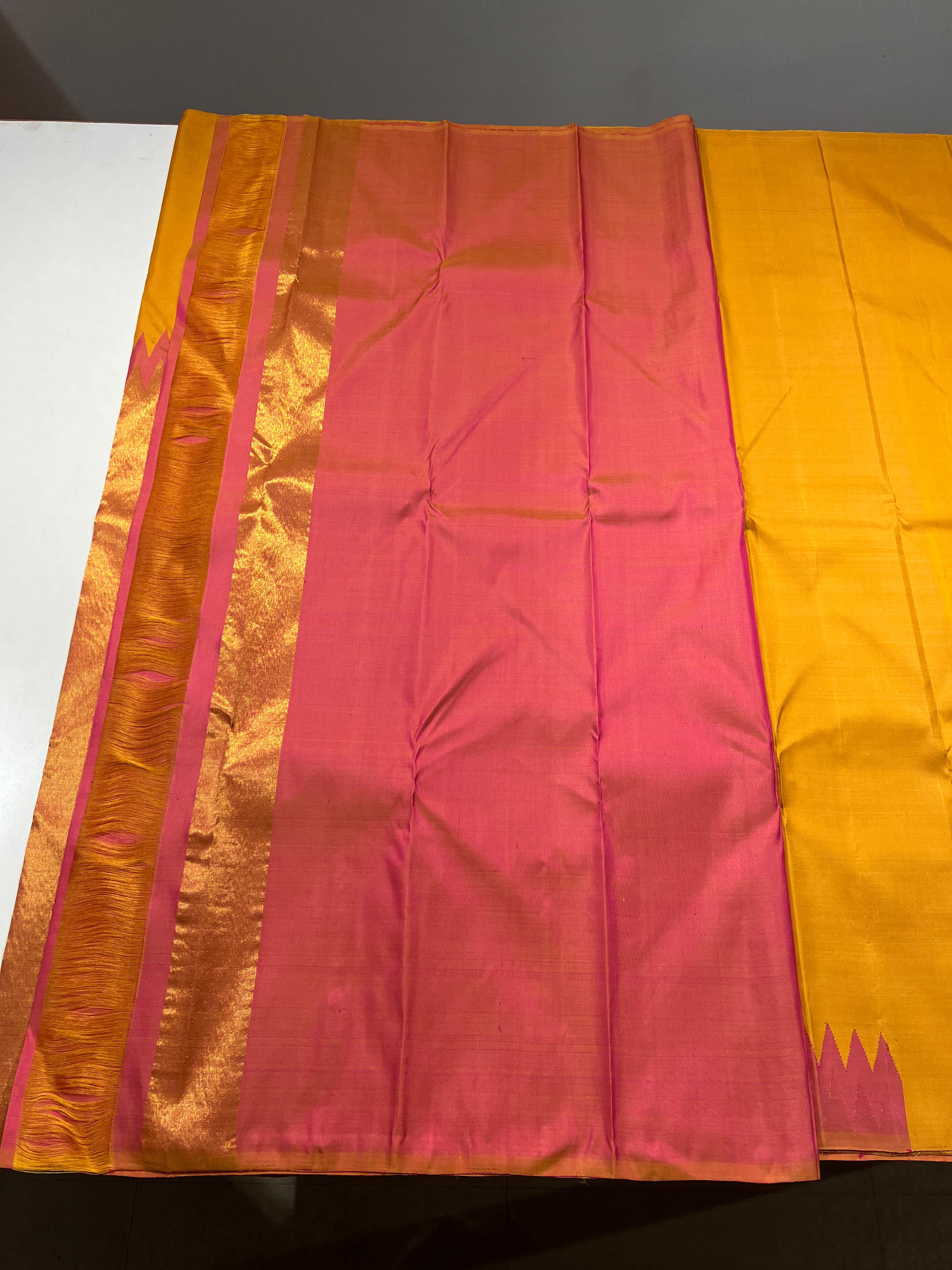 MUSTARD WITH PASTEL PINK COLOUR COMBINATION KACHIPURAM SILK SAREE