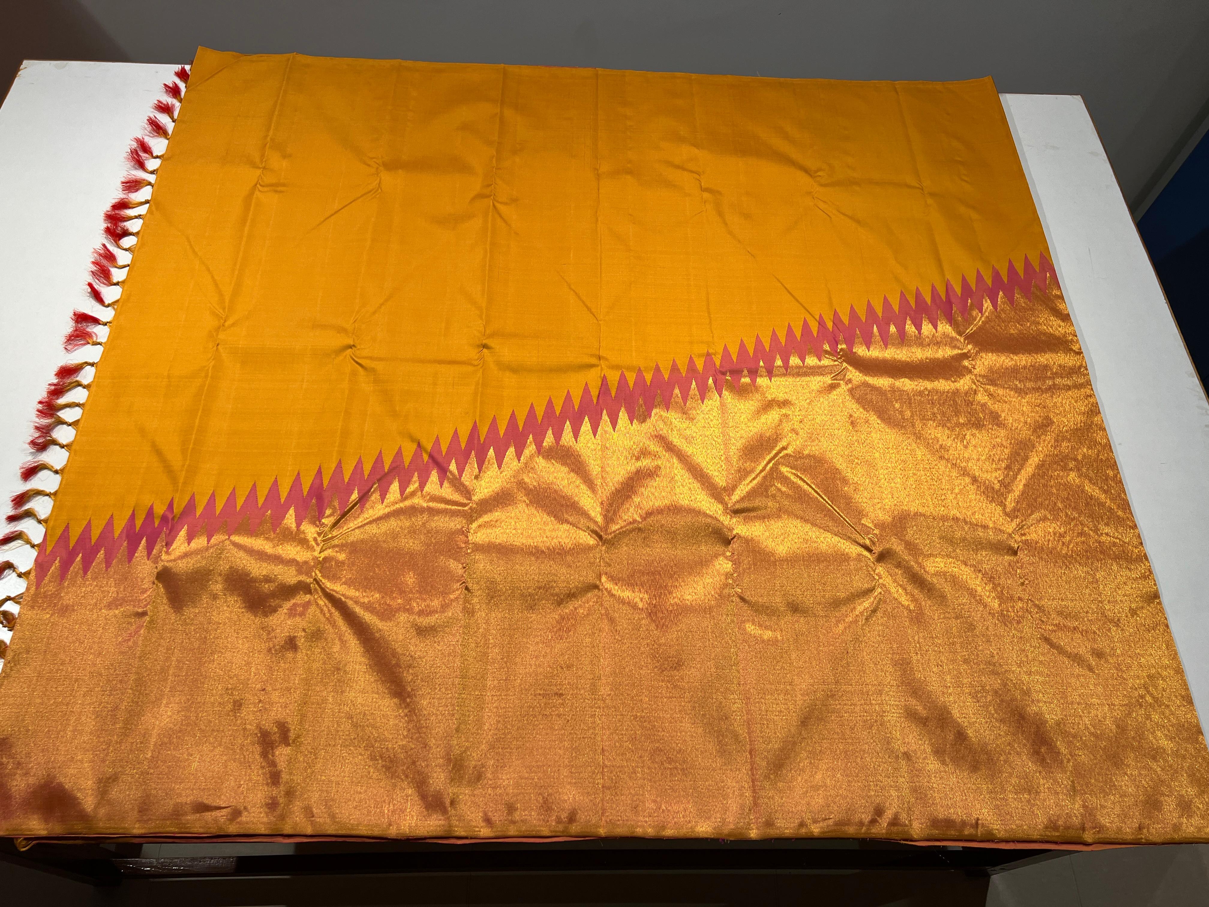 MUSTARD WITH PASTEL PINK COLOUR COMBINATION KACHIPURAM SILK SAREE