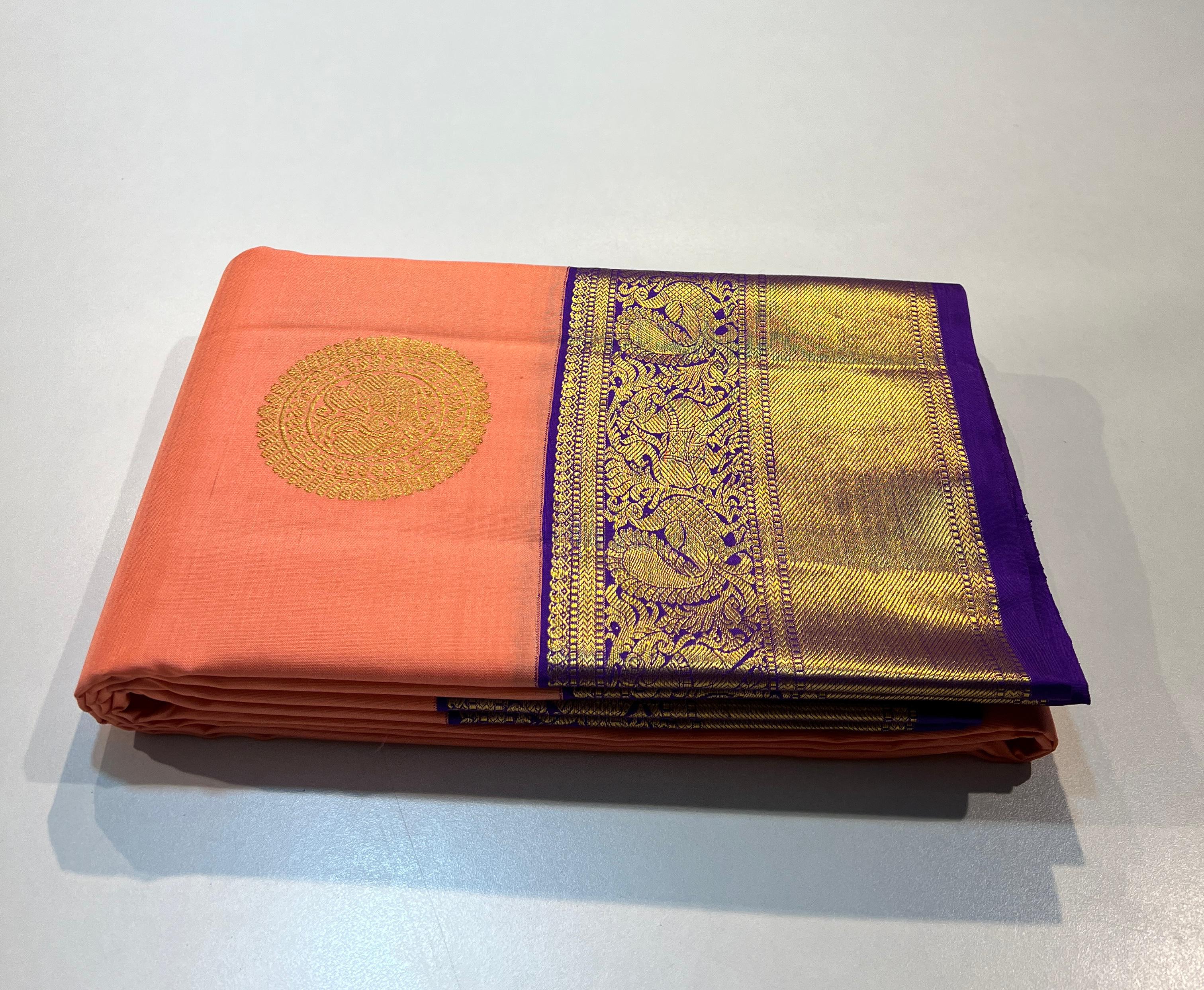 PEACH ORANGE & PURPLE COMBINATION KANCHIPURAM SILK SAREE