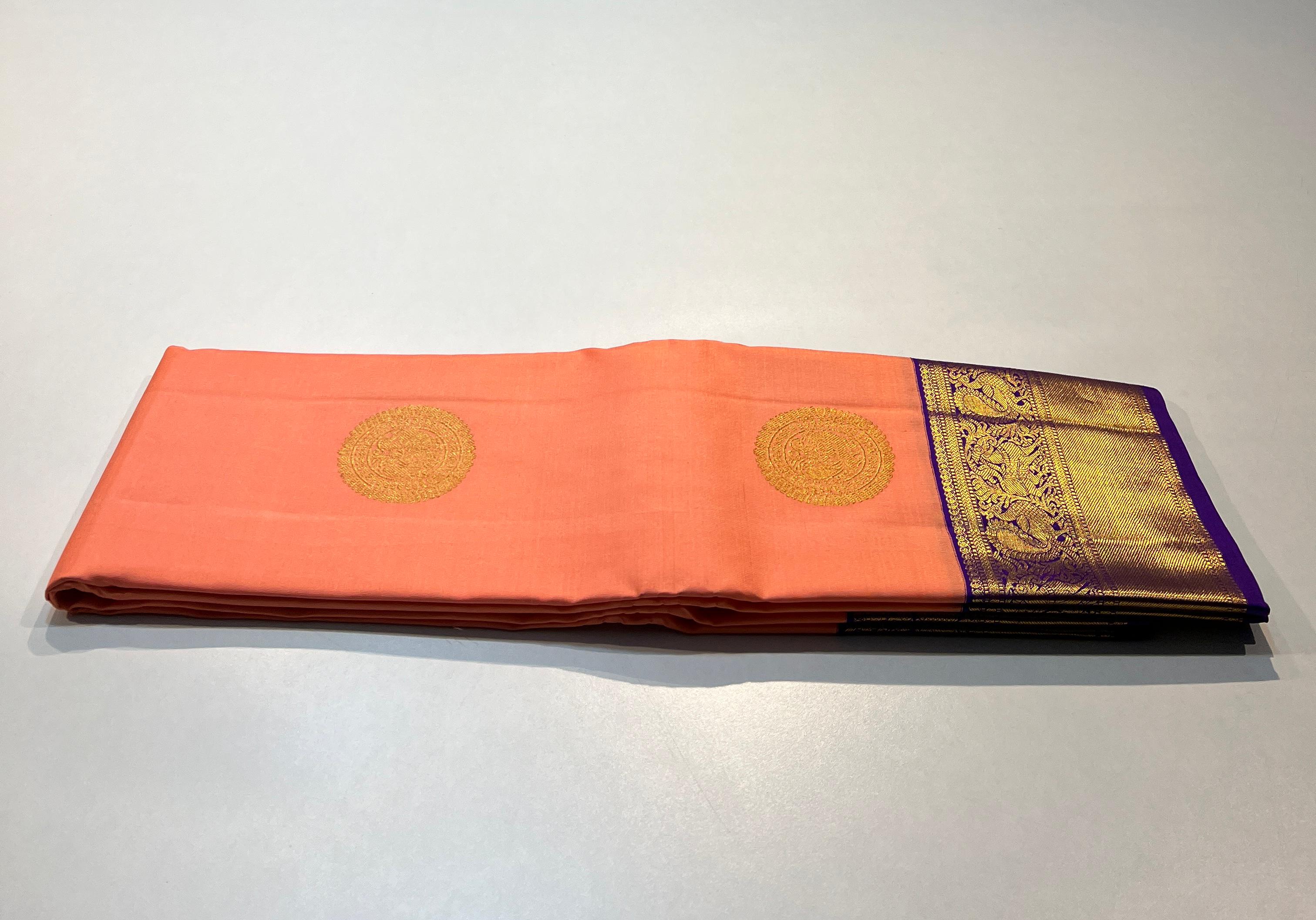 PEACH ORANGE & PURPLE COMBINATION KANCHIPURAM SILK SAREE