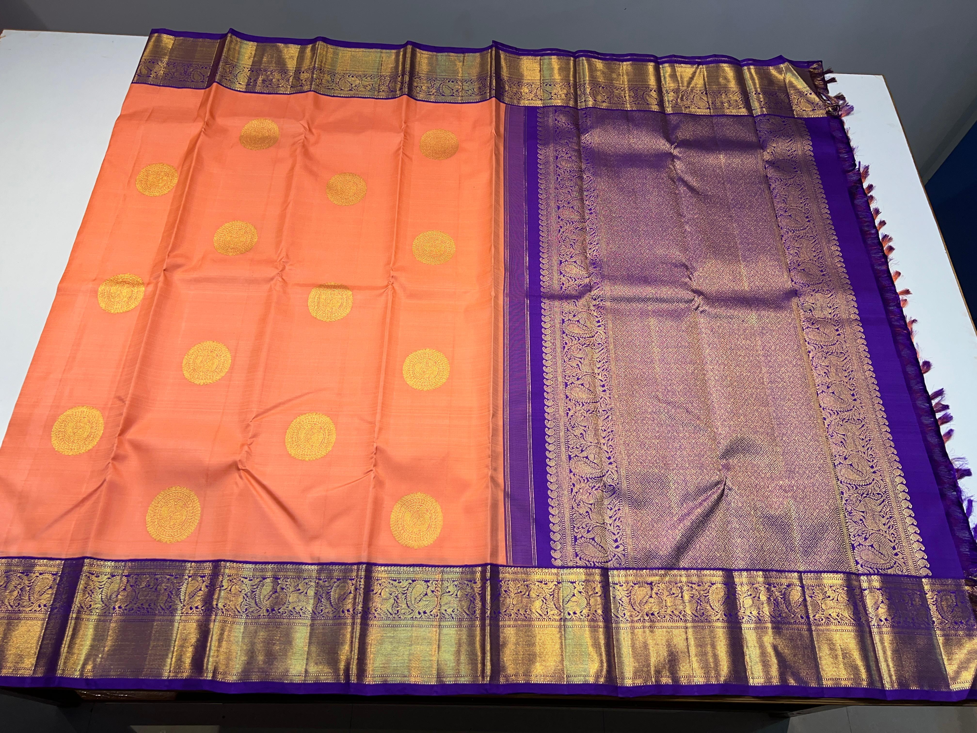 PEACH ORANGE & PURPLE COMBINATION KANCHIPURAM SILK SAREE
