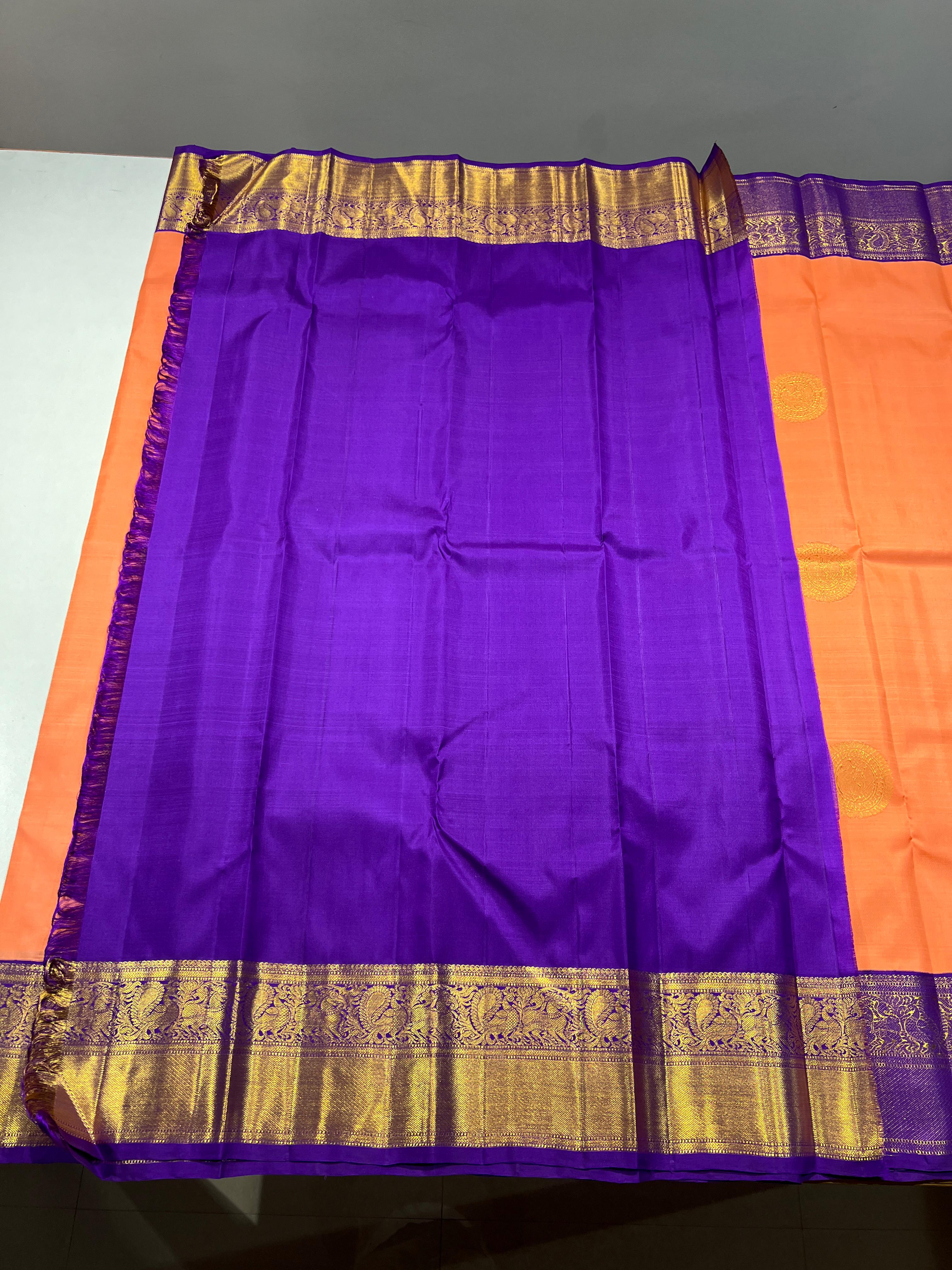 PEACH ORANGE & PURPLE COMBINATION KANCHIPURAM SILK SAREE