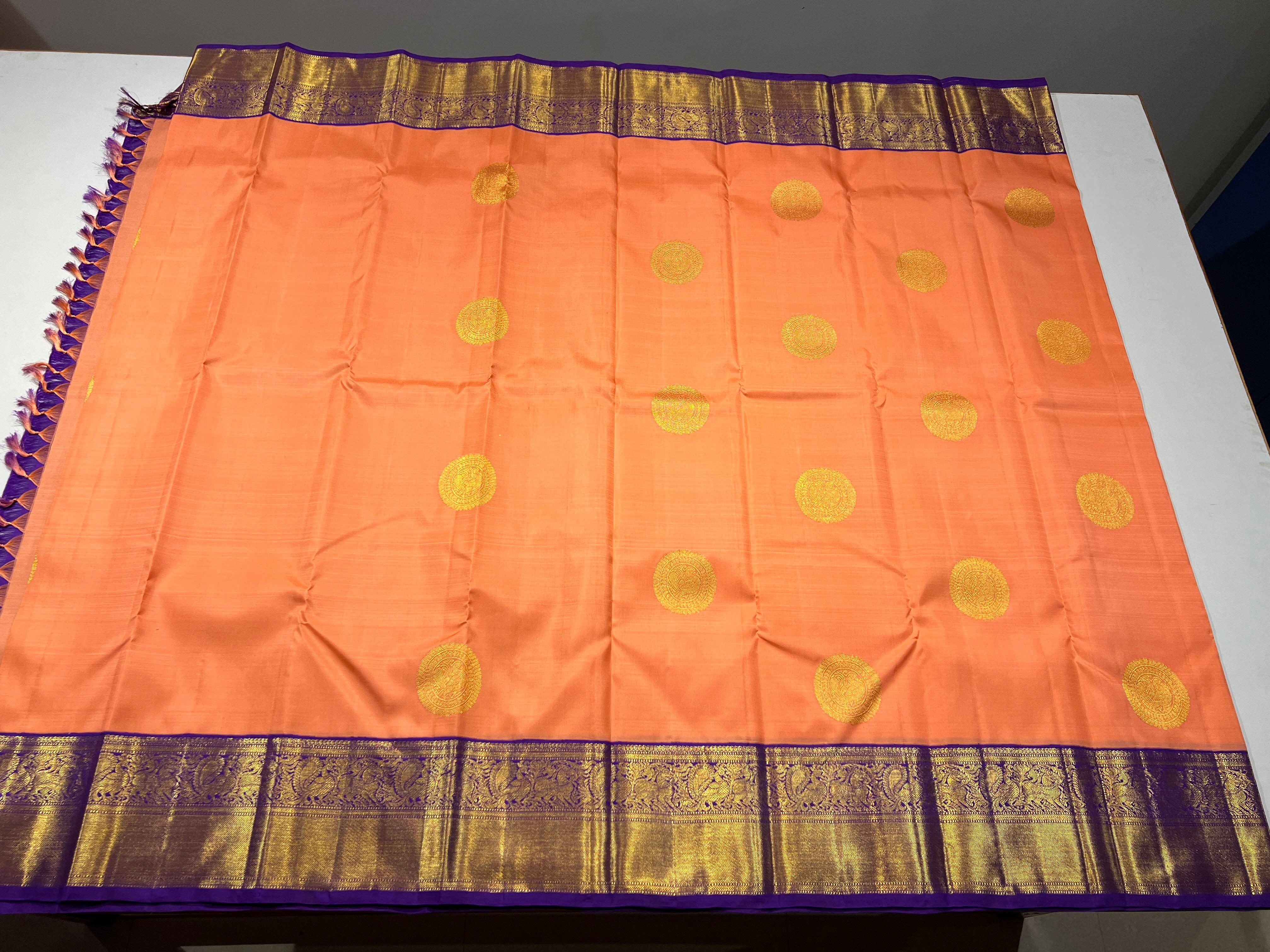 PEACH ORANGE & PURPLE COMBINATION KANCHIPURAM SILK SAREE