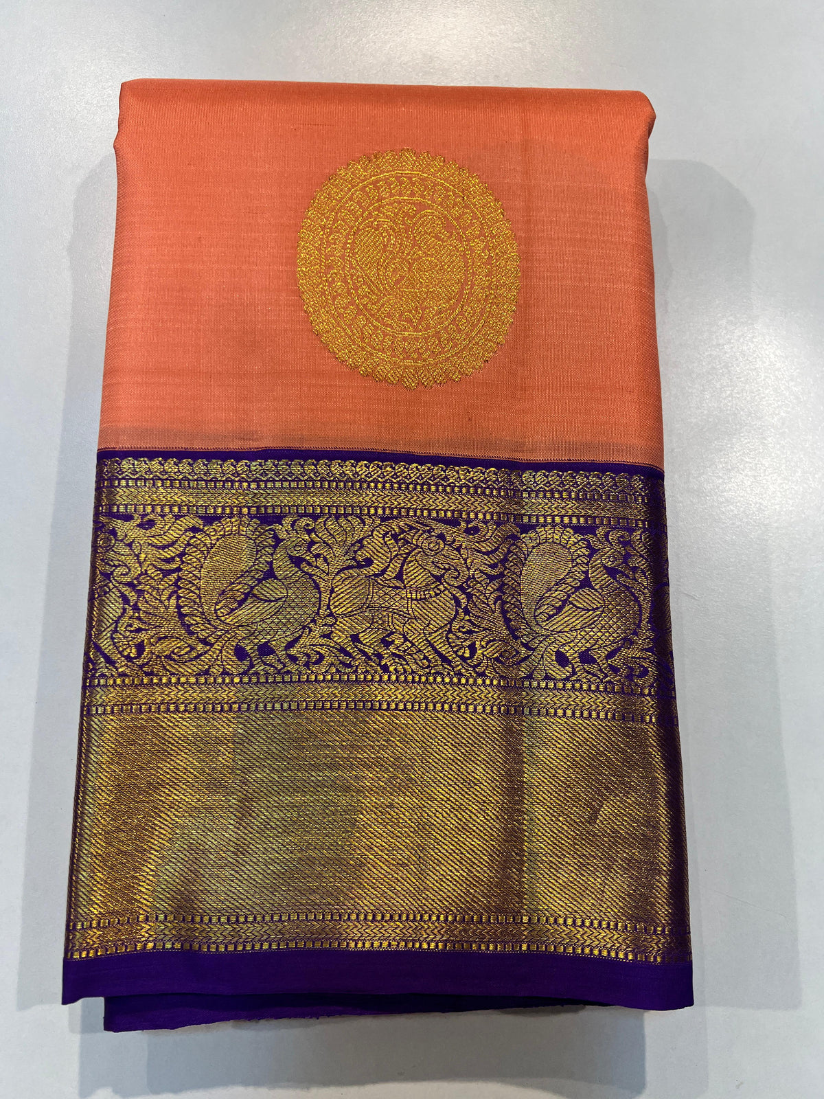 PEACH ORANGE & PURPLE COMBINATION KANCHIPURAM SILK SAREE