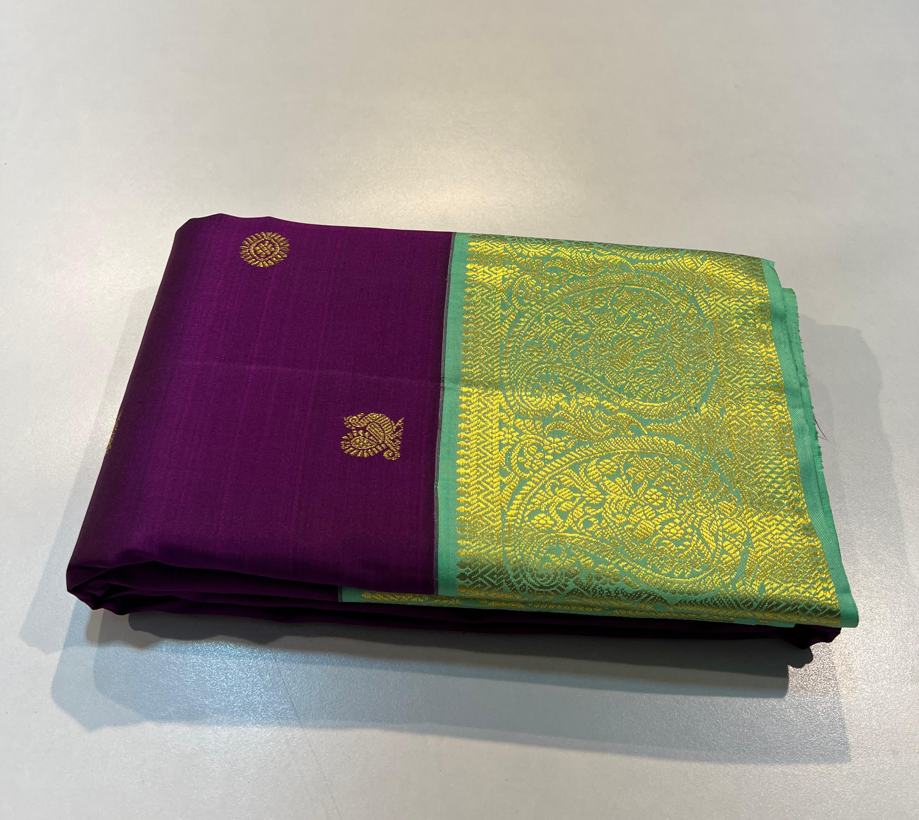 PURPLE COLOUR & GREEN BRODER KANCHIPURAM SILK SAREE