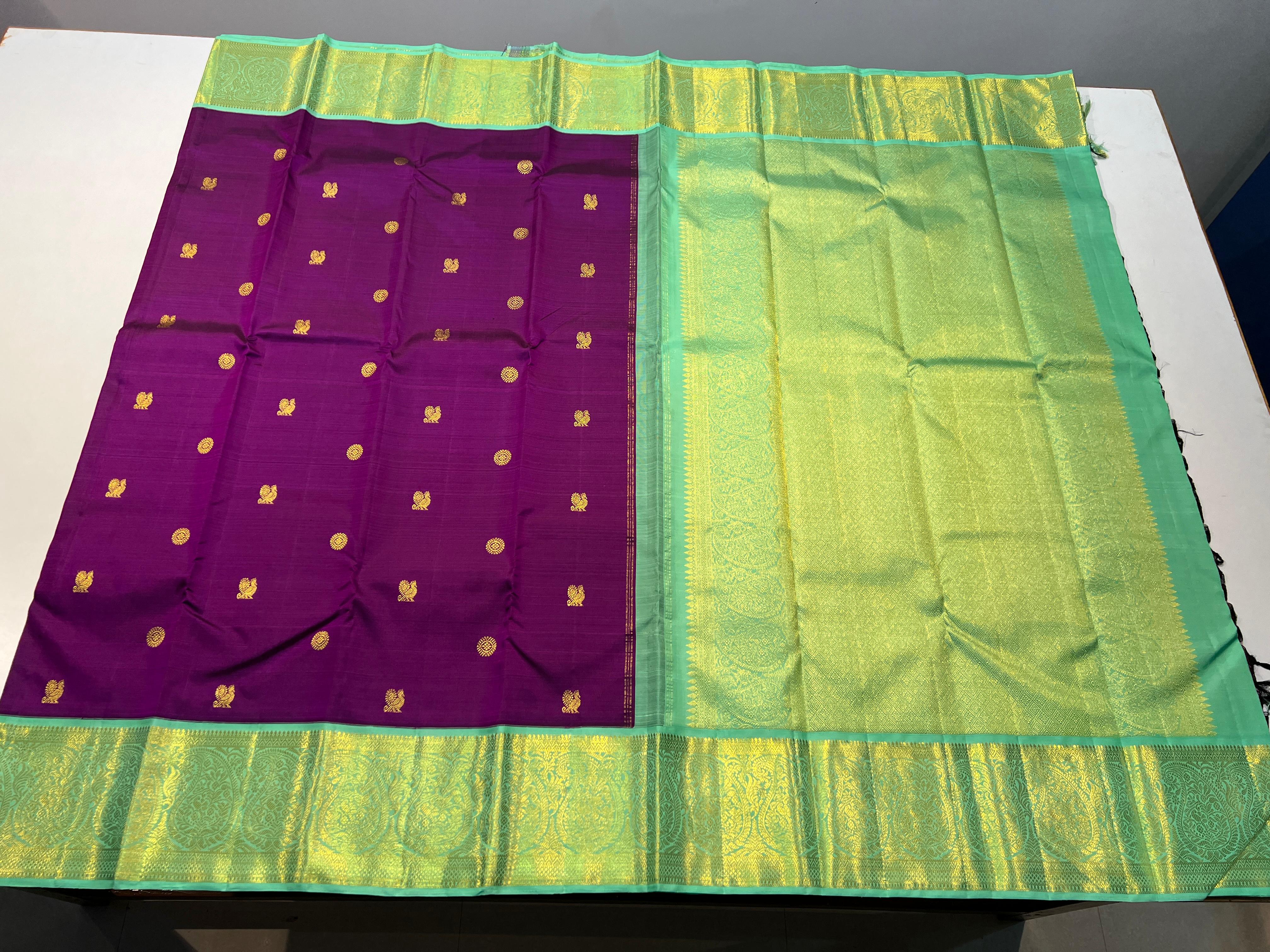 PURPLE COLOUR & GREEN BRODER KANCHIPURAM SILK SAREE
