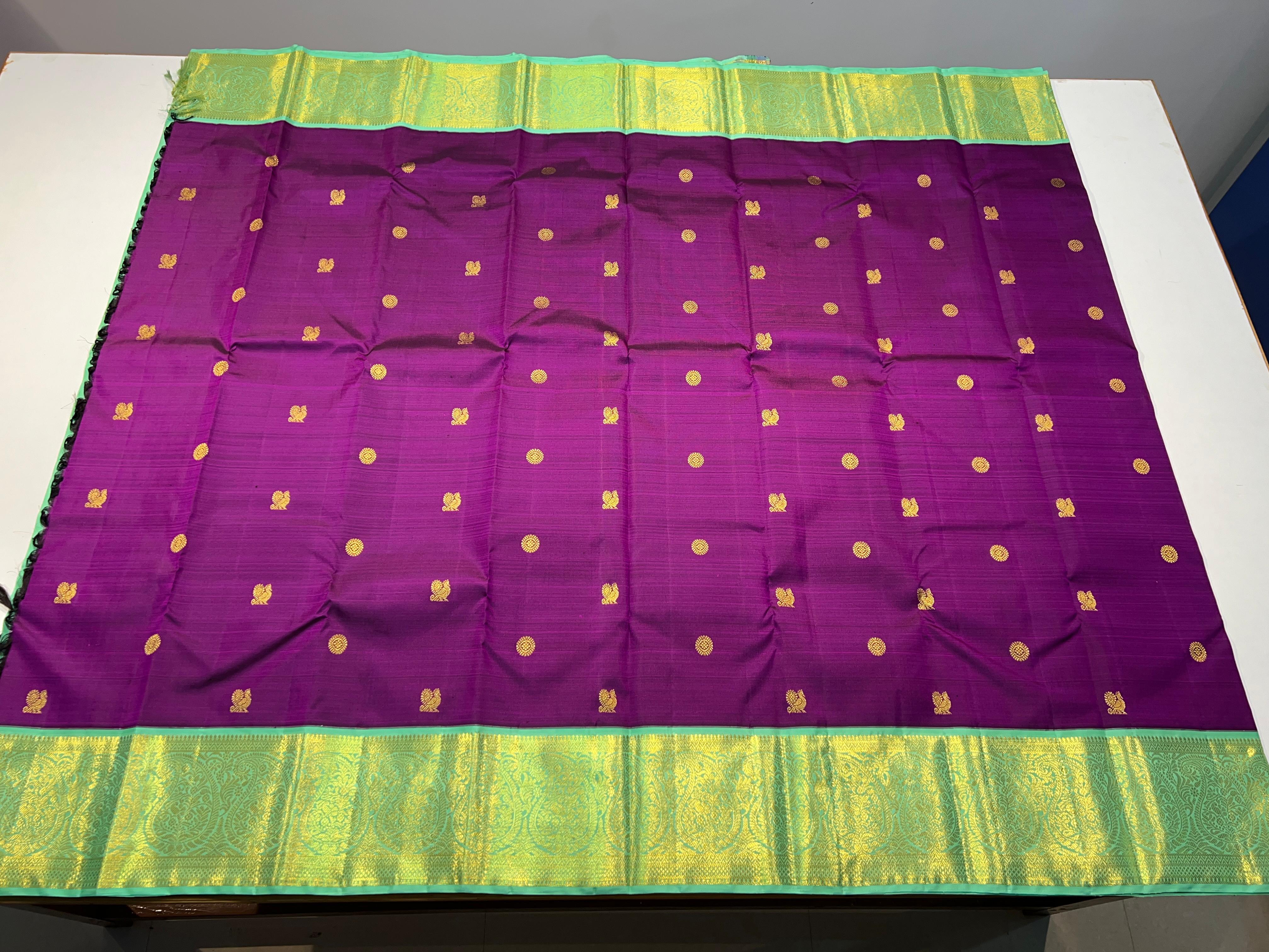 PURPLE COLOUR & GREEN BRODER KANCHIPURAM SILK SAREE