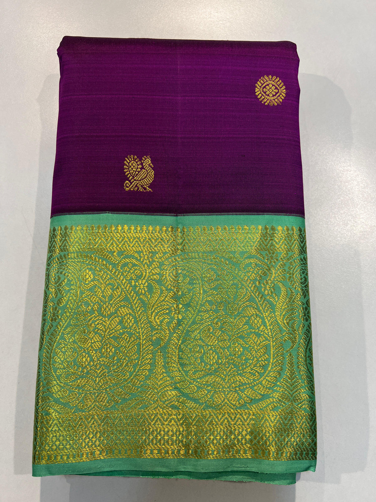 PURPLE COLOUR & GREEN BRODER KANCHIPURAM SILK SAREE
