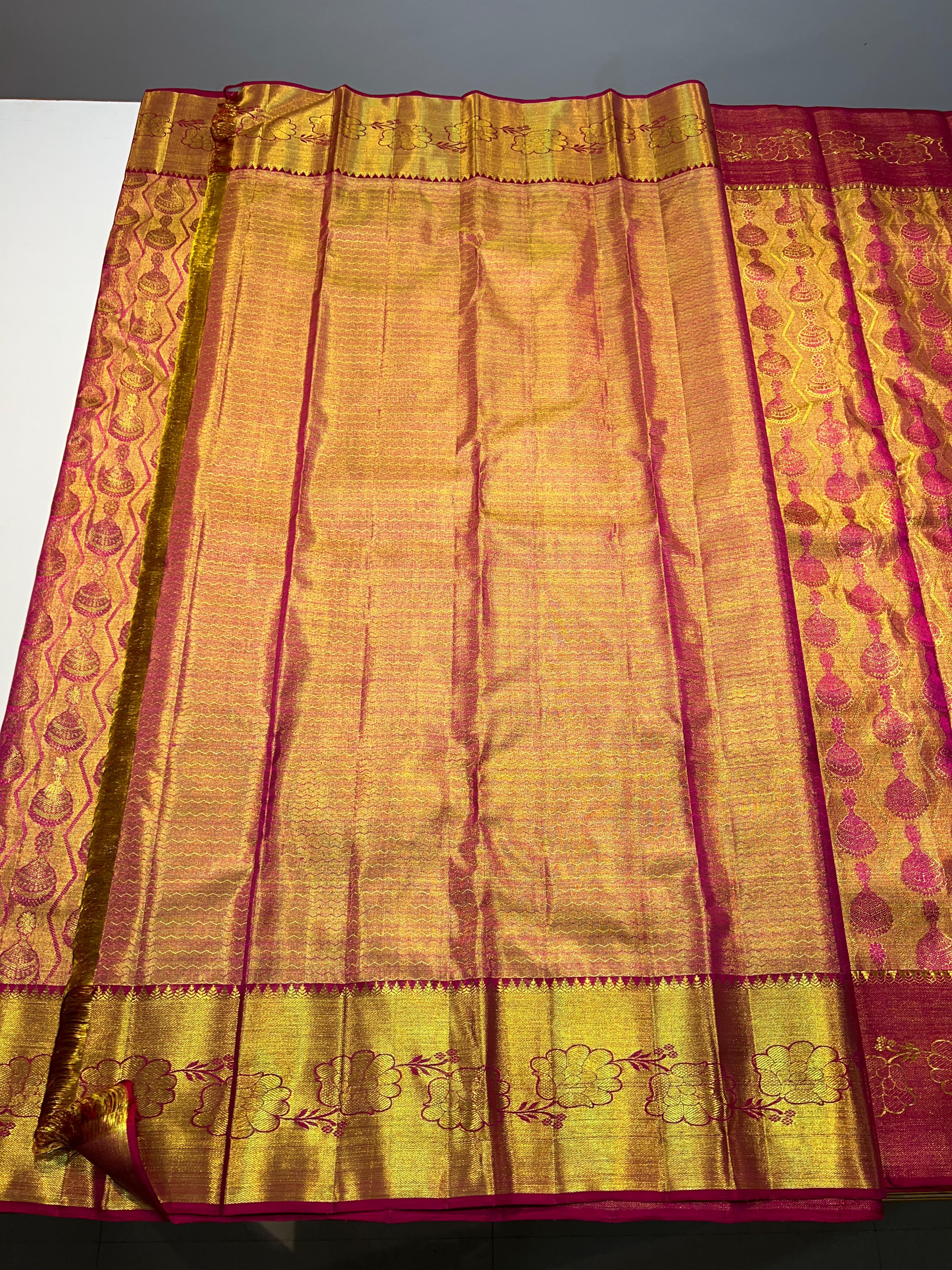 FULL GOLD & PINK KANCHIPURAM SILK SAREE