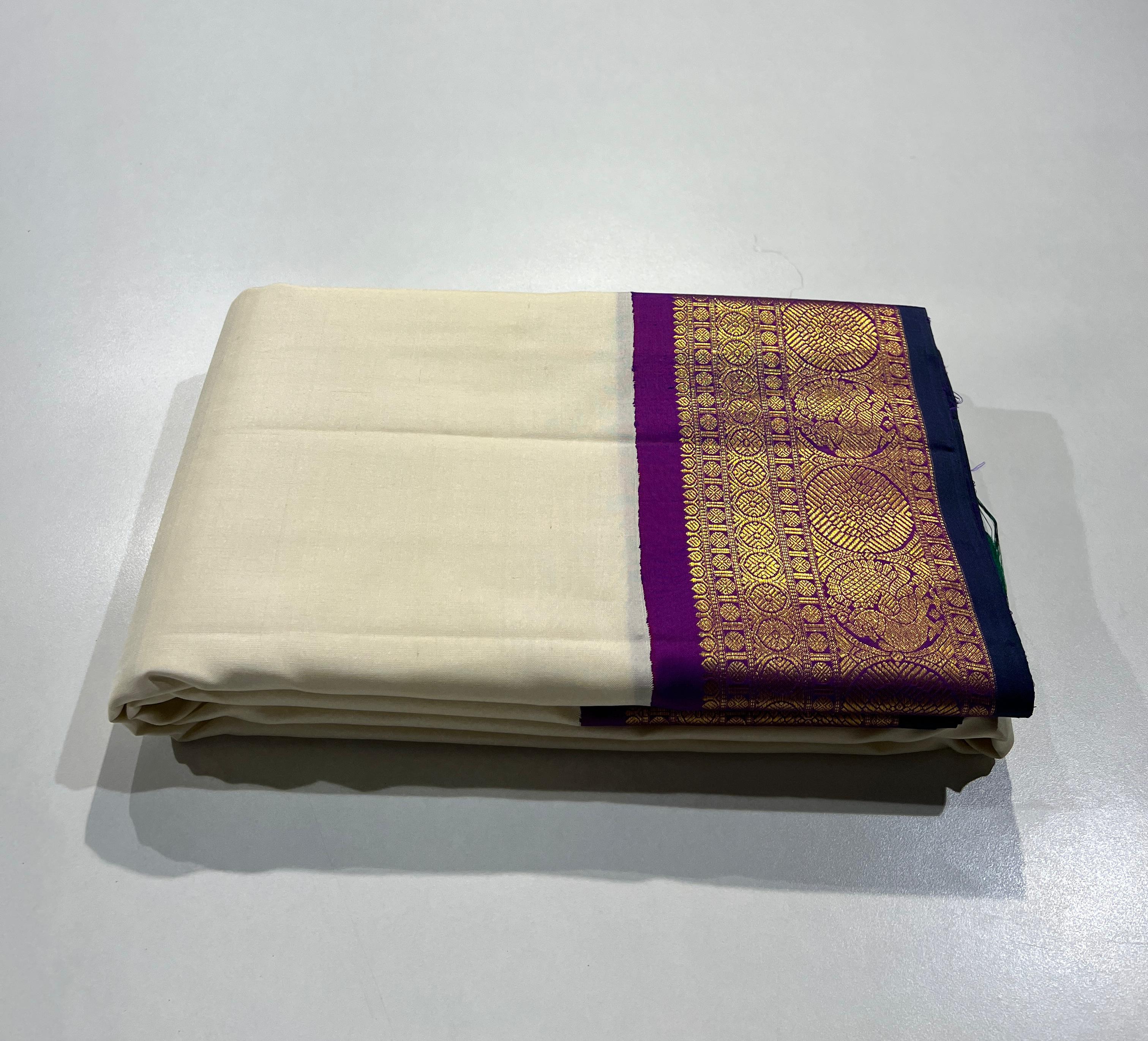 WHITE COLOUR & PURPLE\GOLD BORDER KANCHIPURAM SILK SAREE
