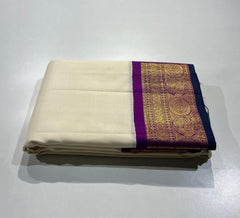 WHITE COLOUR & PURPLE\GOLD BORDER KANCHIPURAM SILK SAREE