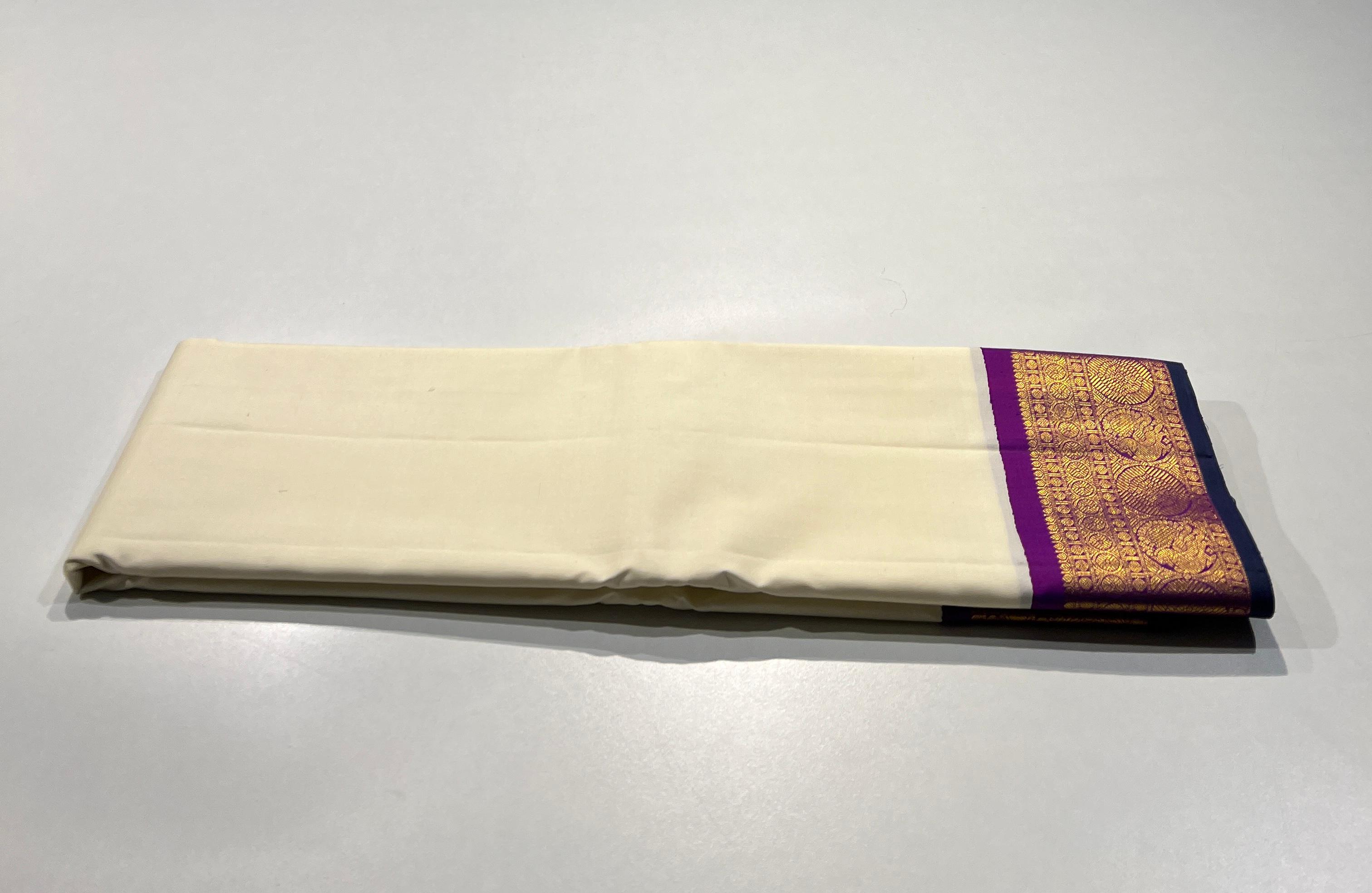 WHITE COLOUR & PURPLE\GOLD BORDER KANCHIPURAM SILK SAREE