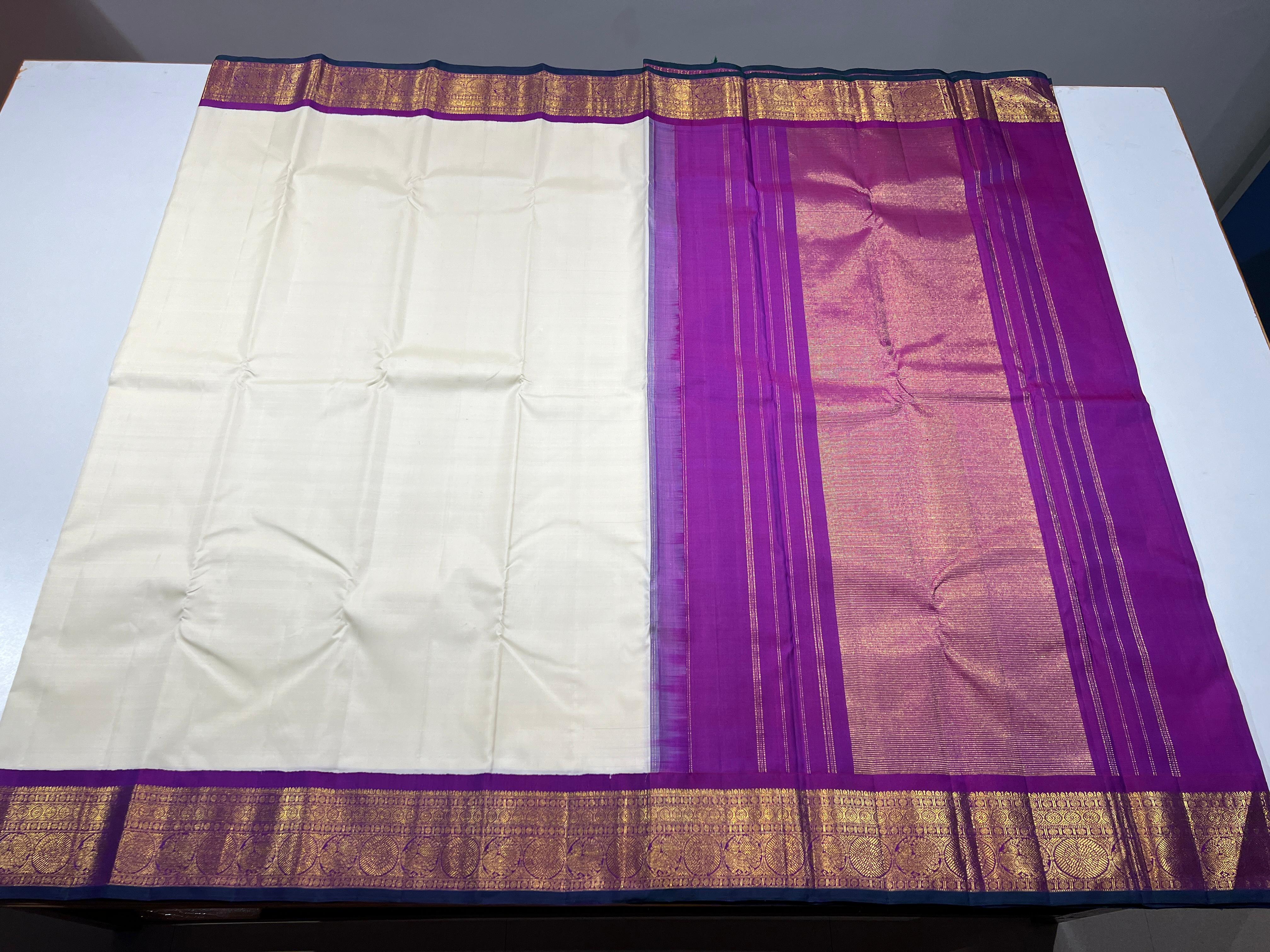 WHITE COLOUR & PURPLE\GOLD BORDER KANCHIPURAM SILK SAREE