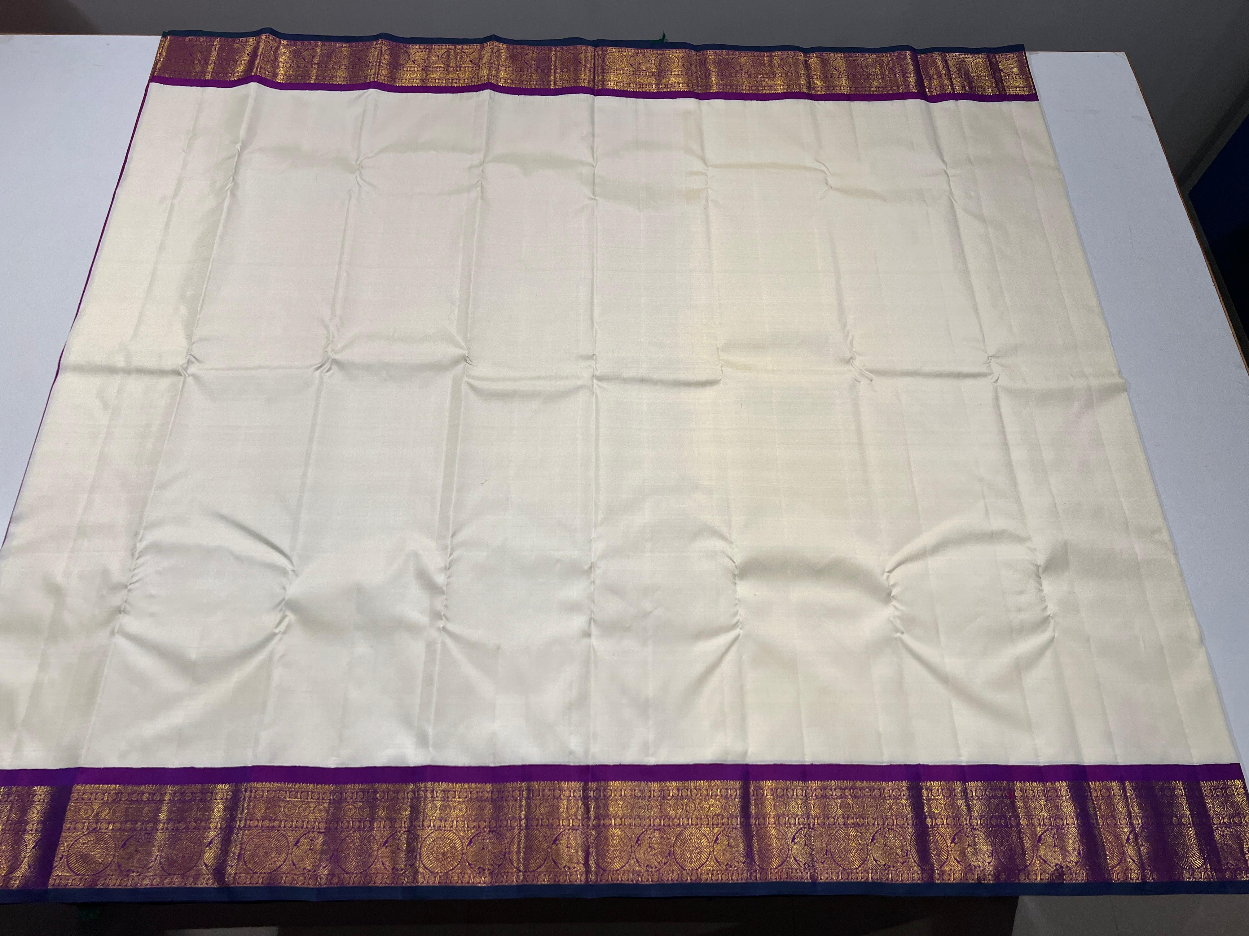 WHITE COLOUR & PURPLE\GOLD BORDER KANCHIPURAM SILK SAREE
