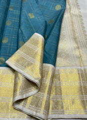 Peacock Blue / Cream Kanchi Silk Saree