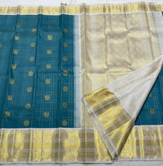 Peacock Blue / Cream Kanchi Silk Saree