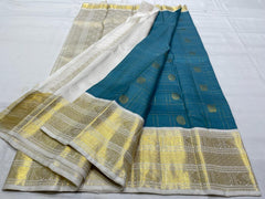 Peacock Blue / Cream Kanchi Silk Saree
