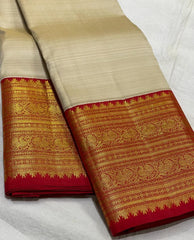 HALF WHITE /  RED KANCHI SILK SAREE