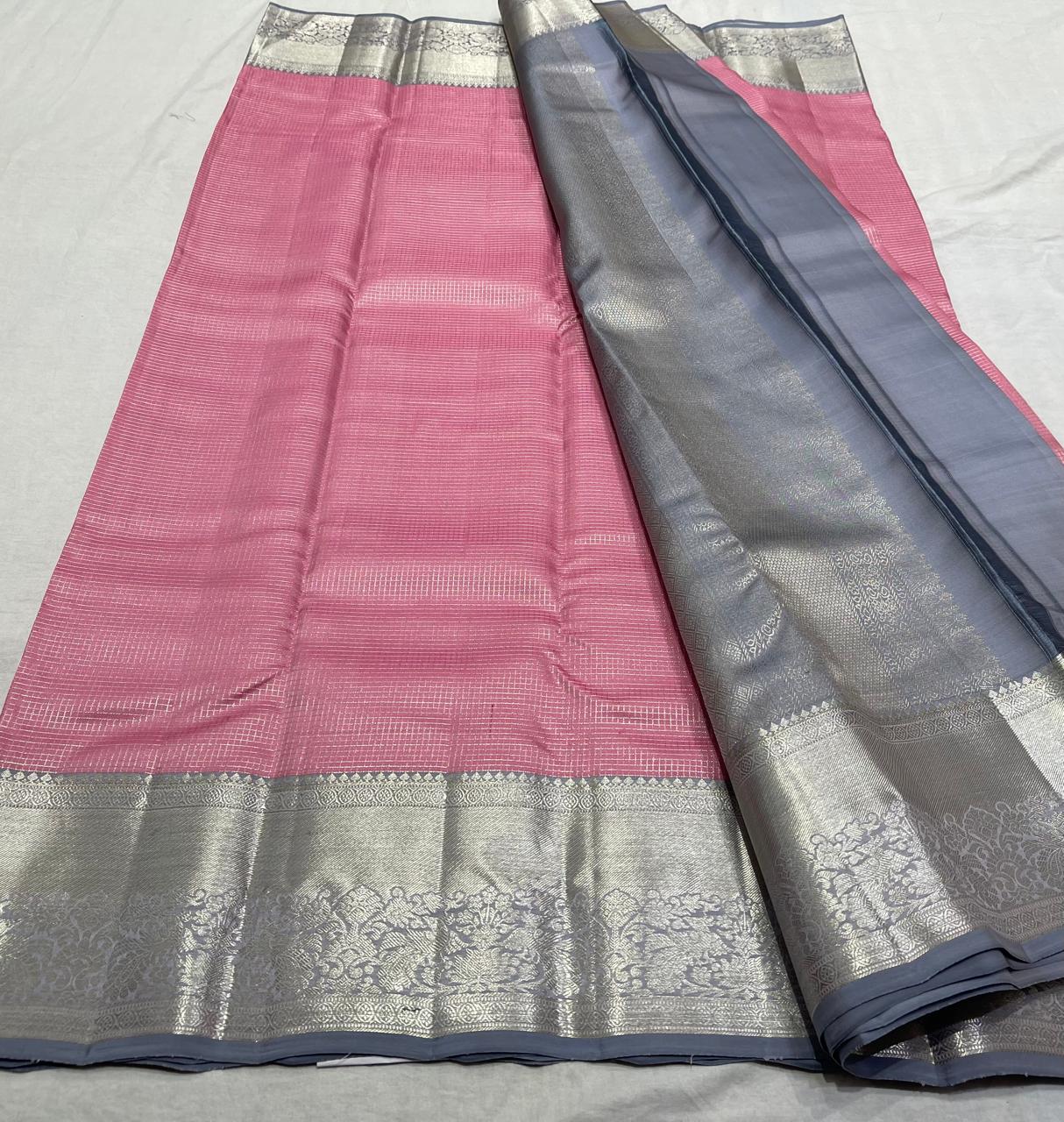 PINK/SILVER KANCHI SILK SAREE