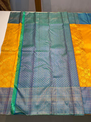 YELLOW COLOUR & PEACOCK BLUE BORDER KACHIPURAM SILK SAREE