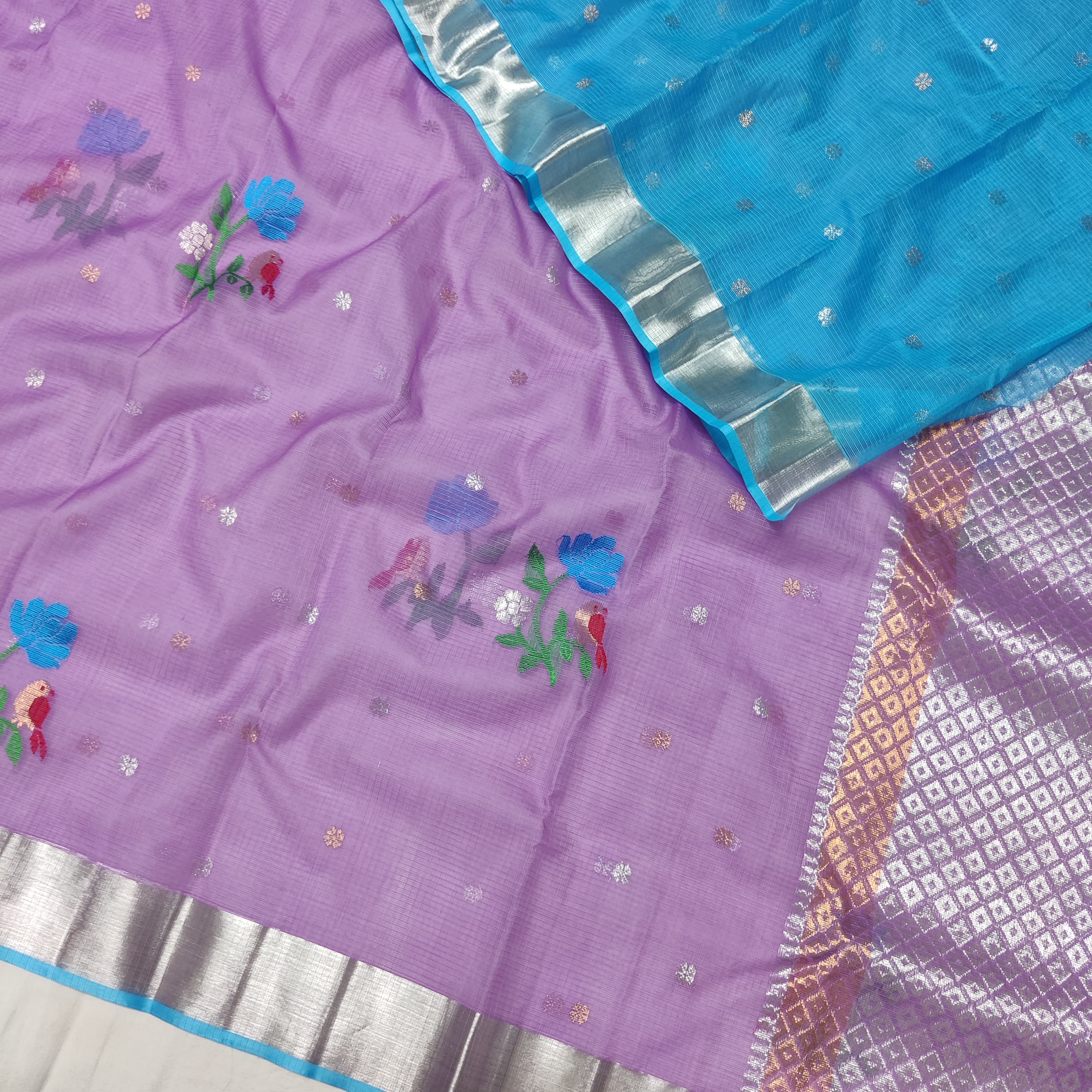 PURPLE COLOUR & SILVER/BLUE ZARI KOTA SAREE