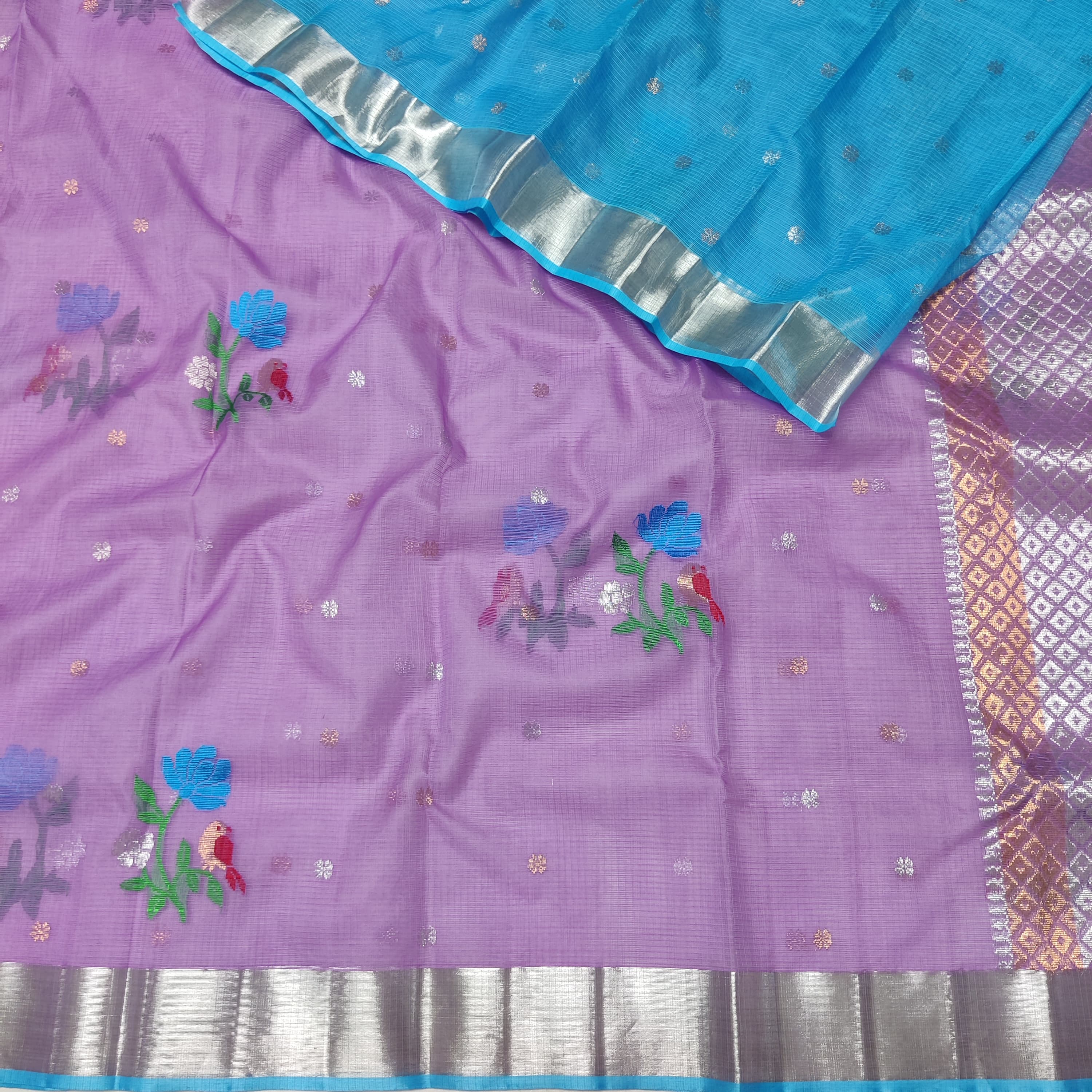 PURPLE COLOUR & SILVER/BLUE ZARI KOTA SAREE