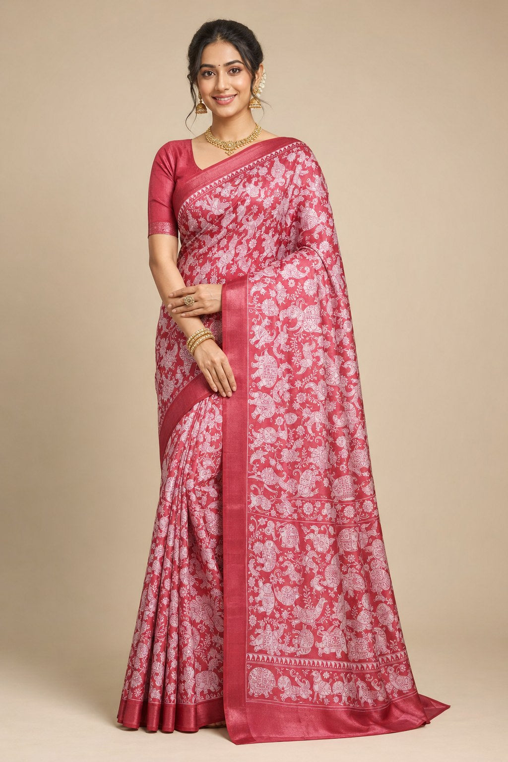CHERRY RED COLOUR SAREE - model front view