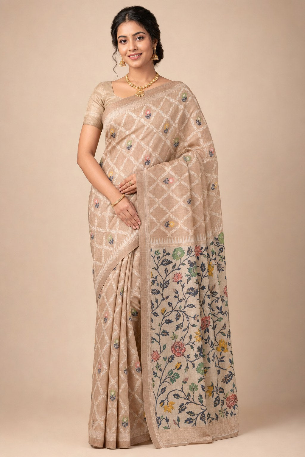 CREAM COLOUR BANARAS SAREE - model front view