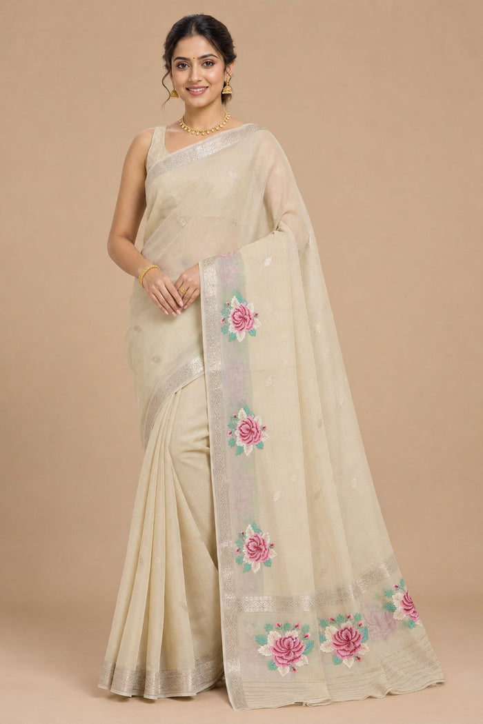 BISCUIT COLOUR SAREE - model front view