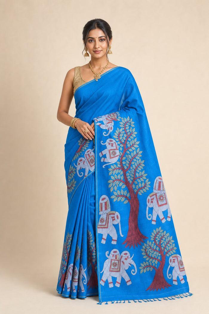 BLUE COLOUR SAREE - model front view