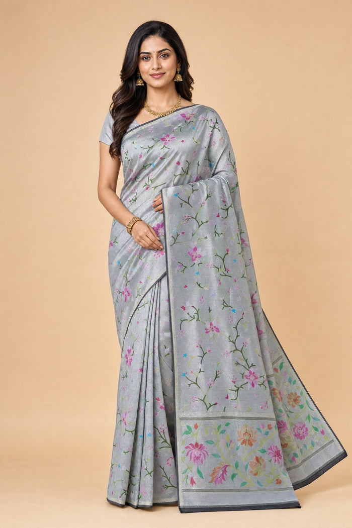 CREAM COLOUR BANARASI TISSUE SAREE - model front view