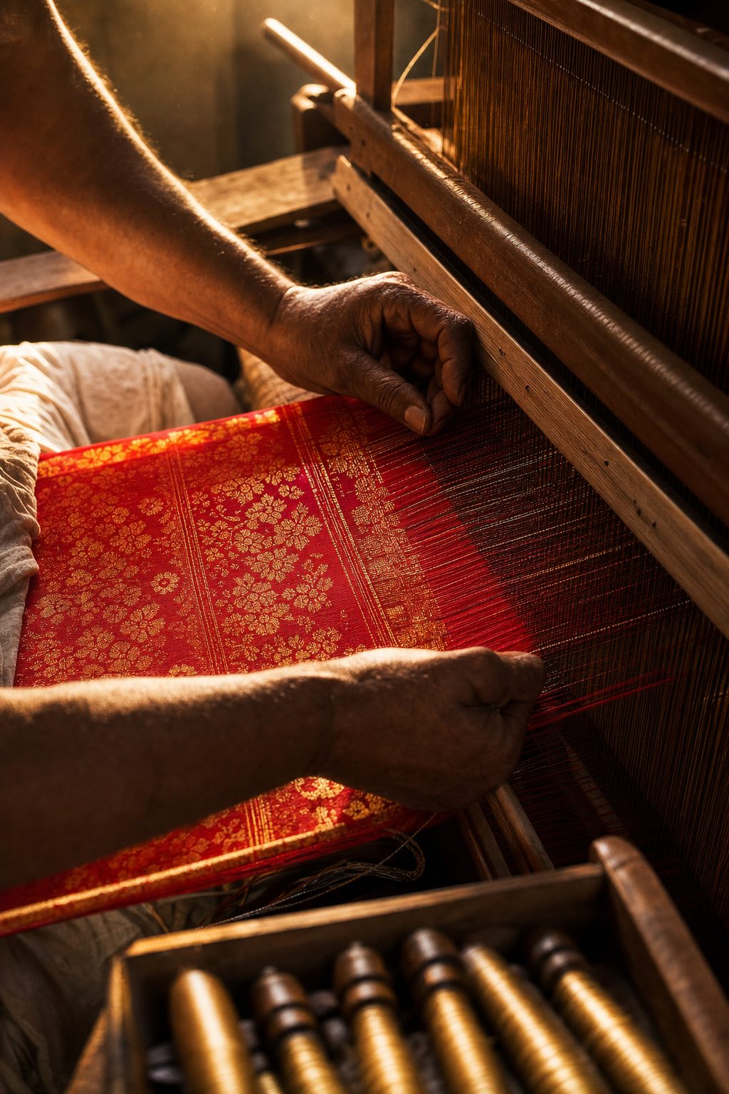 Artisan weaving a red and gold silk saree on a handloom
