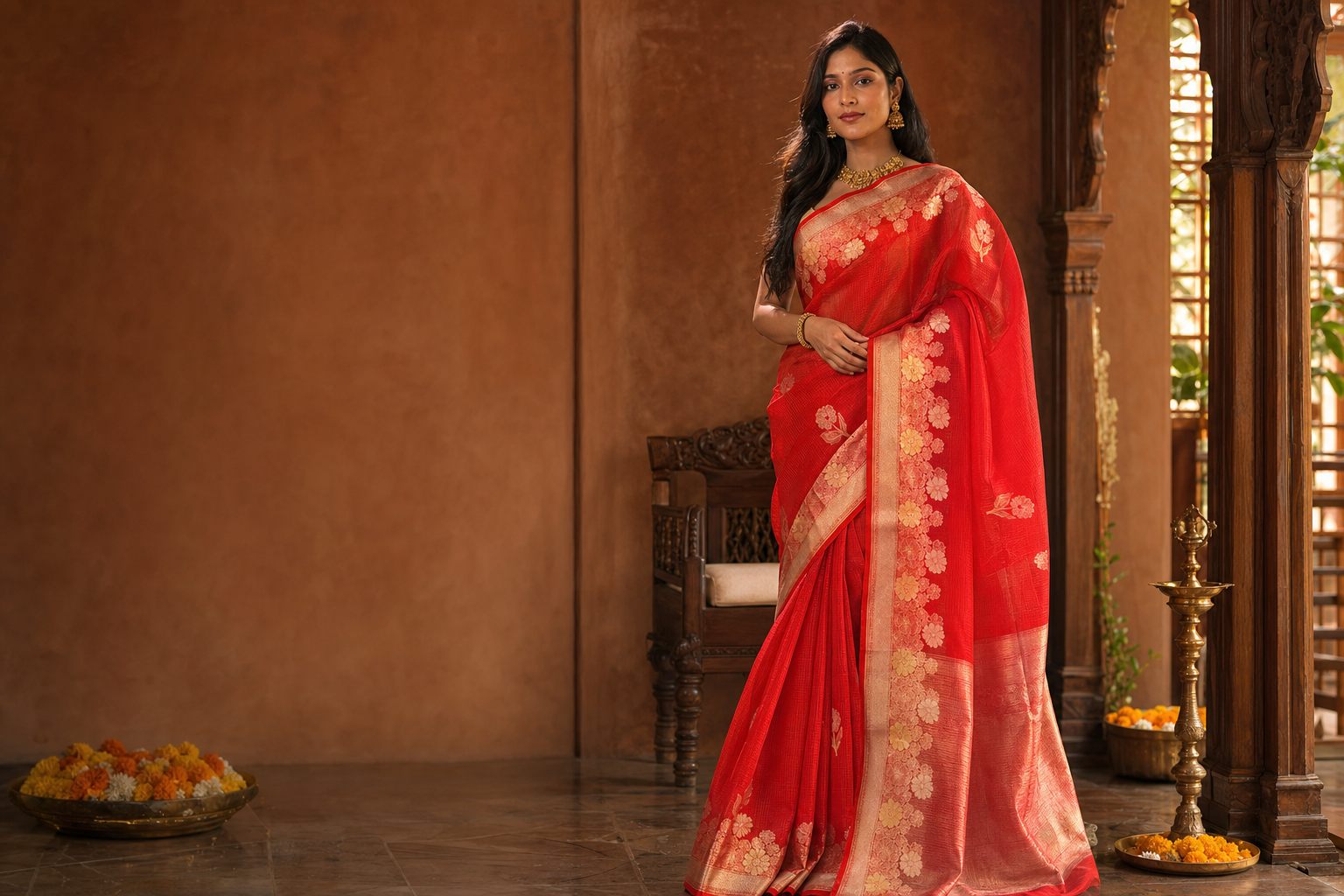 Model wearing a red Kota silk saree with gold zari